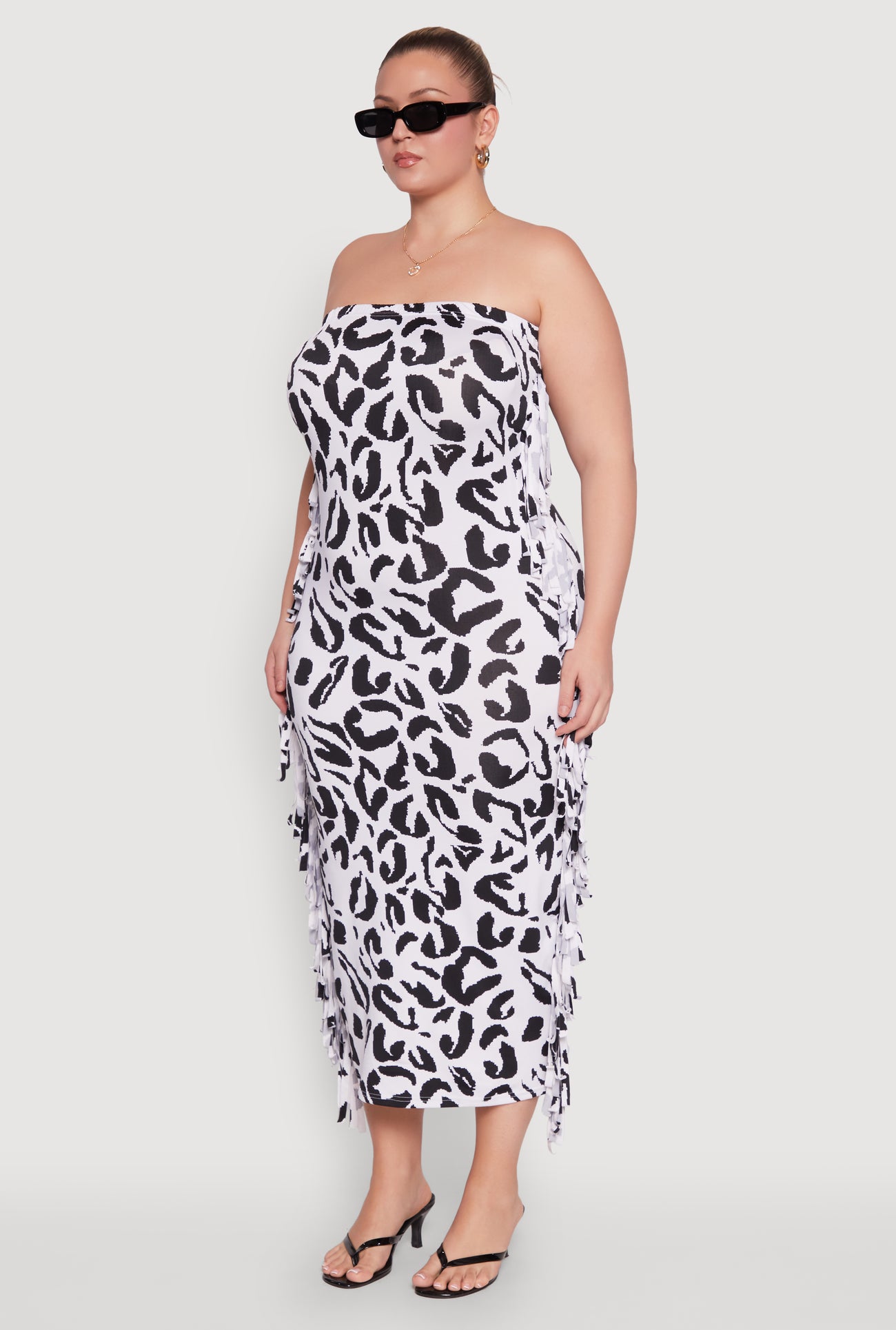 Plus Size Patterned Fringe Side Tube Dress