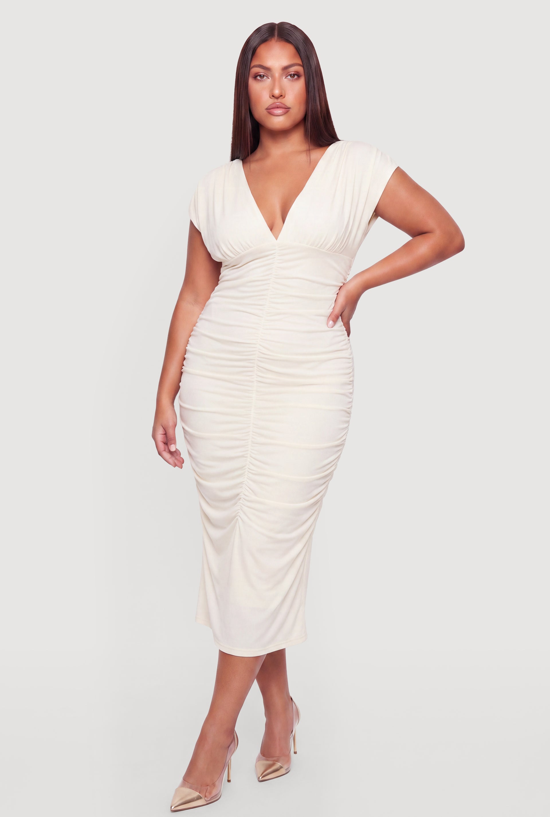 Plus Size Ruched Plunge Neck Maxi Dress