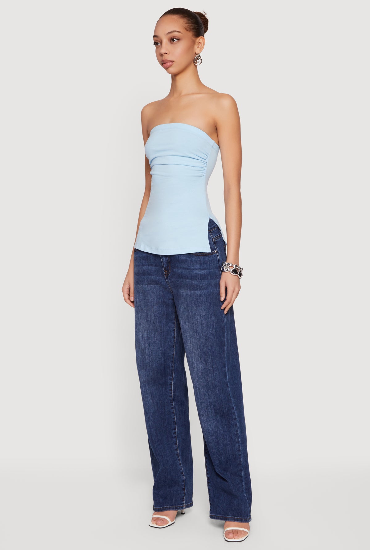 Ruched Side Tube Top with Side Slits