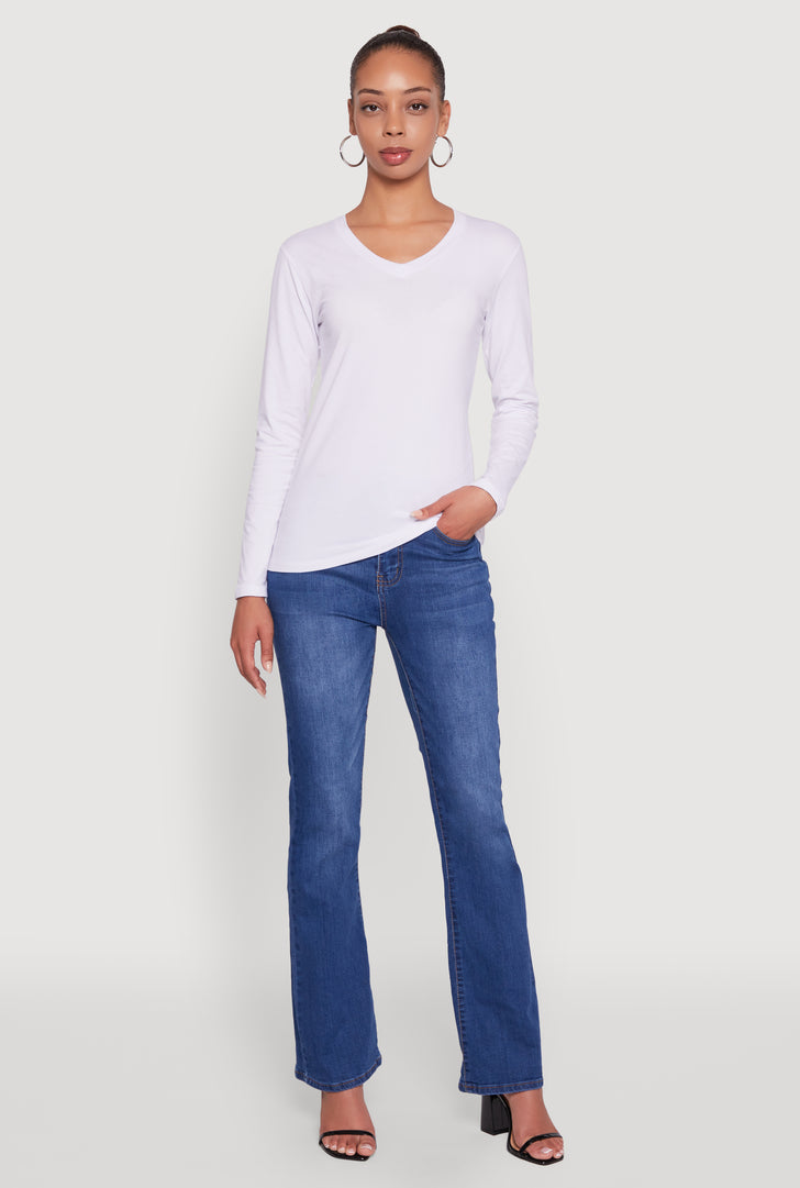 V Neck Long Sleeve Solid T Shirt