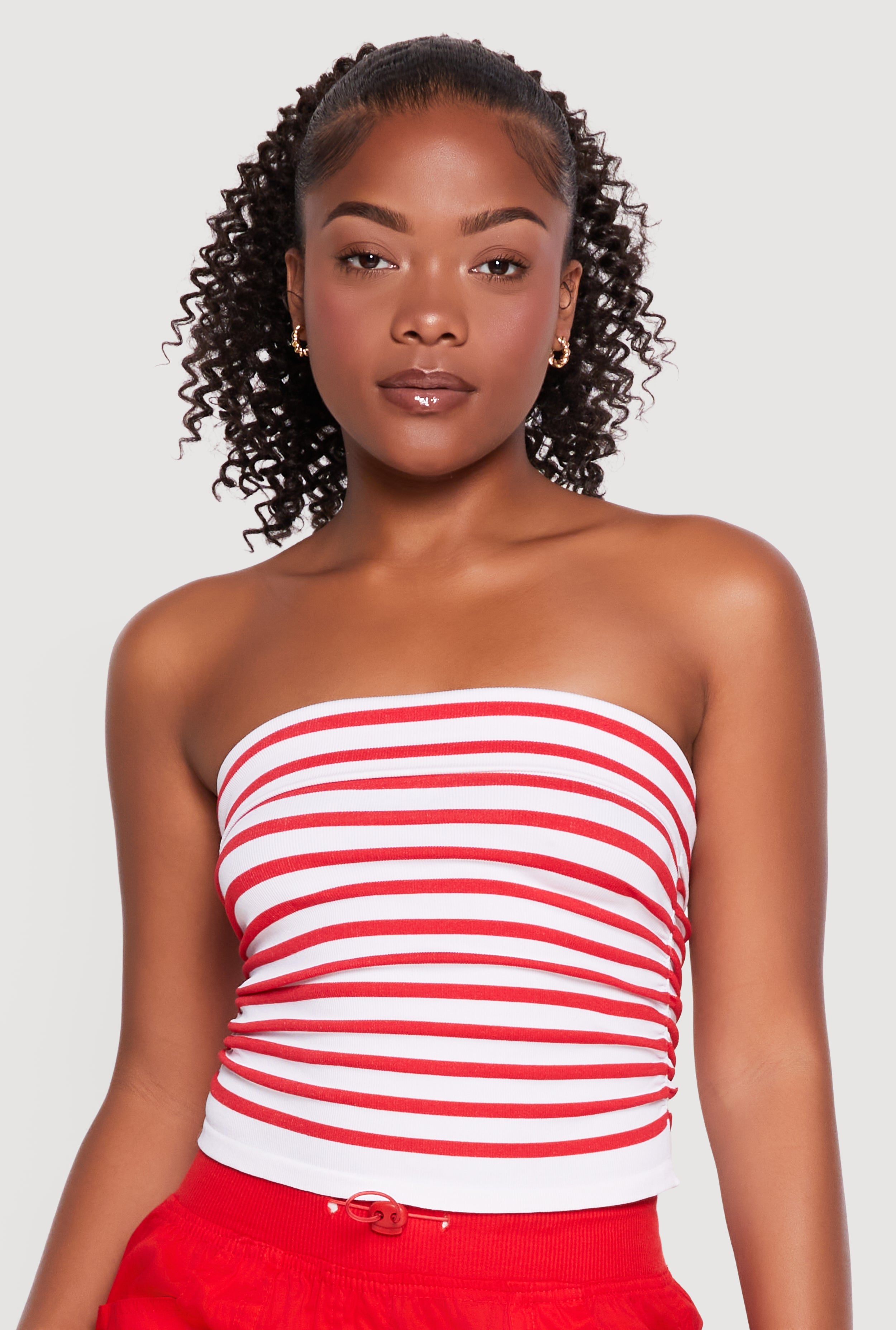 Striped Fold Over Ruched Side Cropped Tube Top