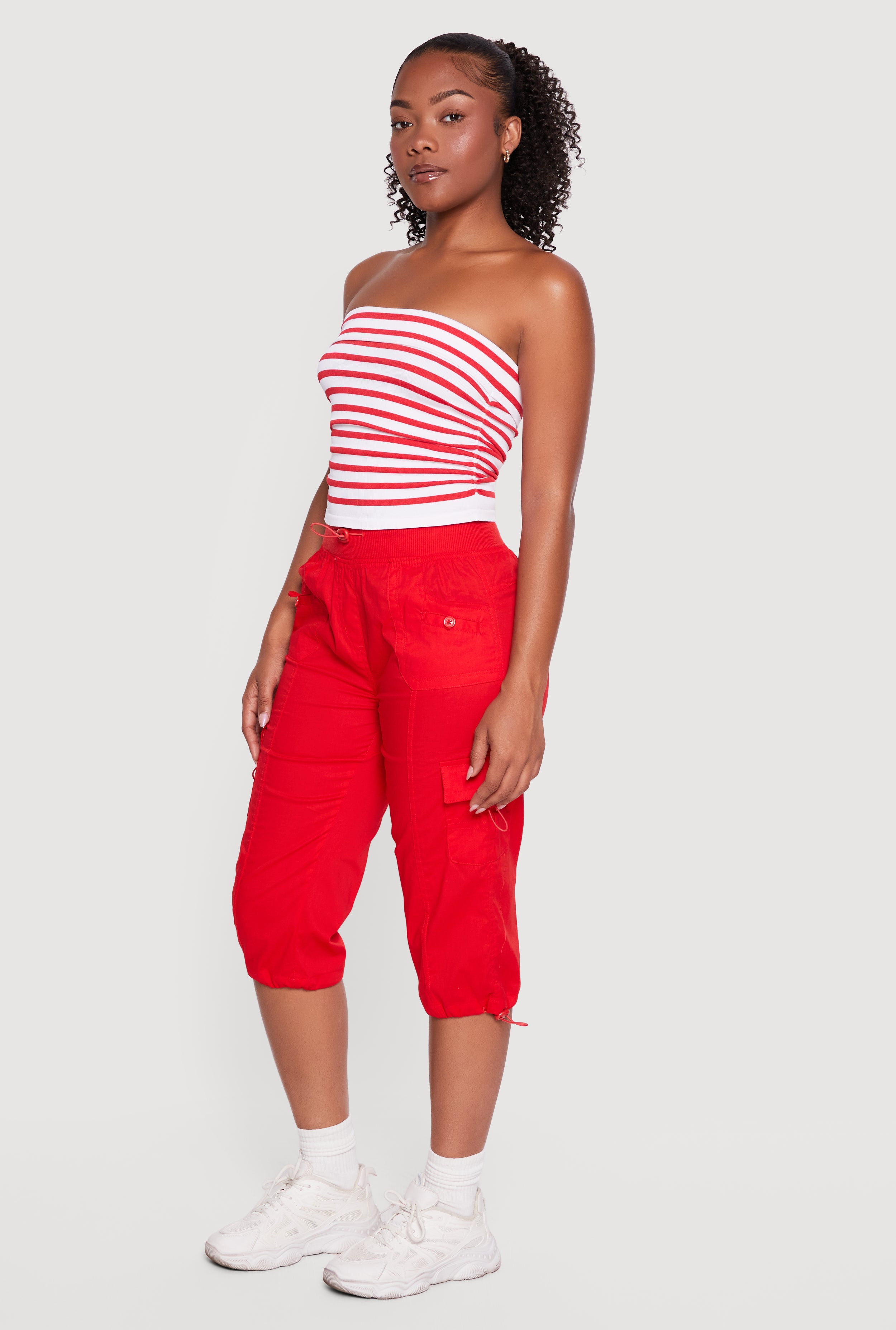 Striped Fold Over Ruched Side Cropped Tube Top