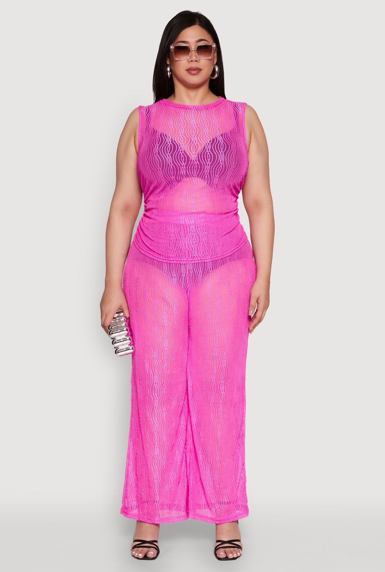 Plus Size Trendy Wavy Stripe Mesh Sleeveless Top