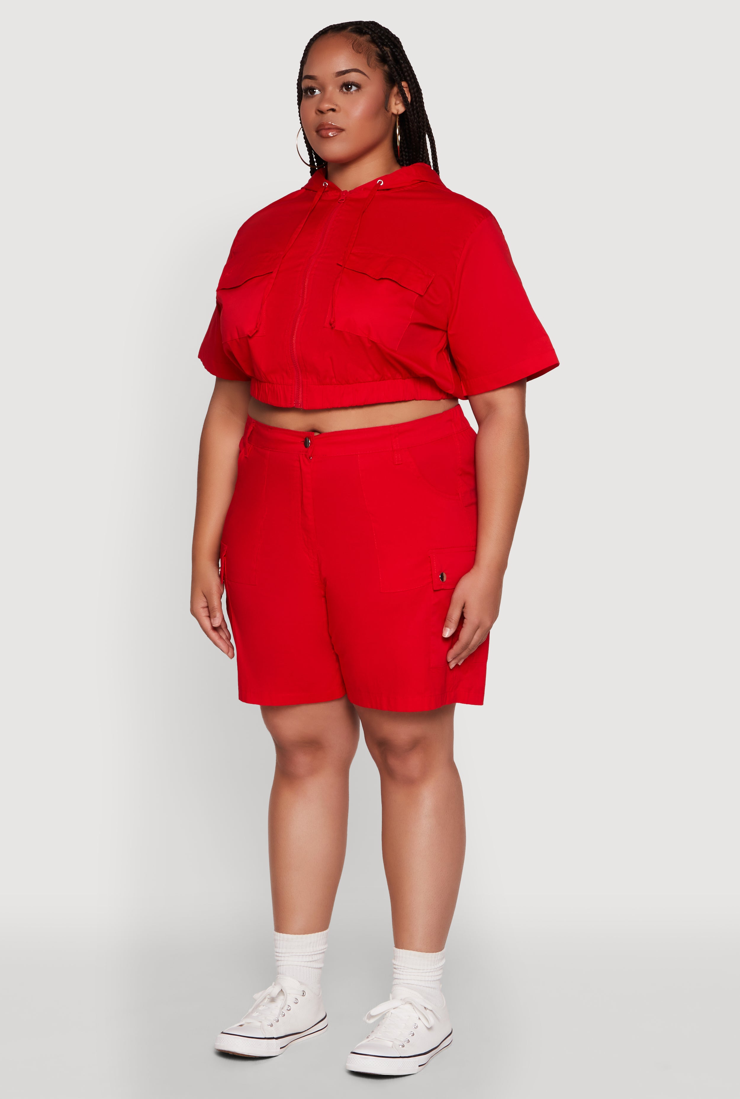 Plus Size Stylish Zip Front Cropped Hoodie