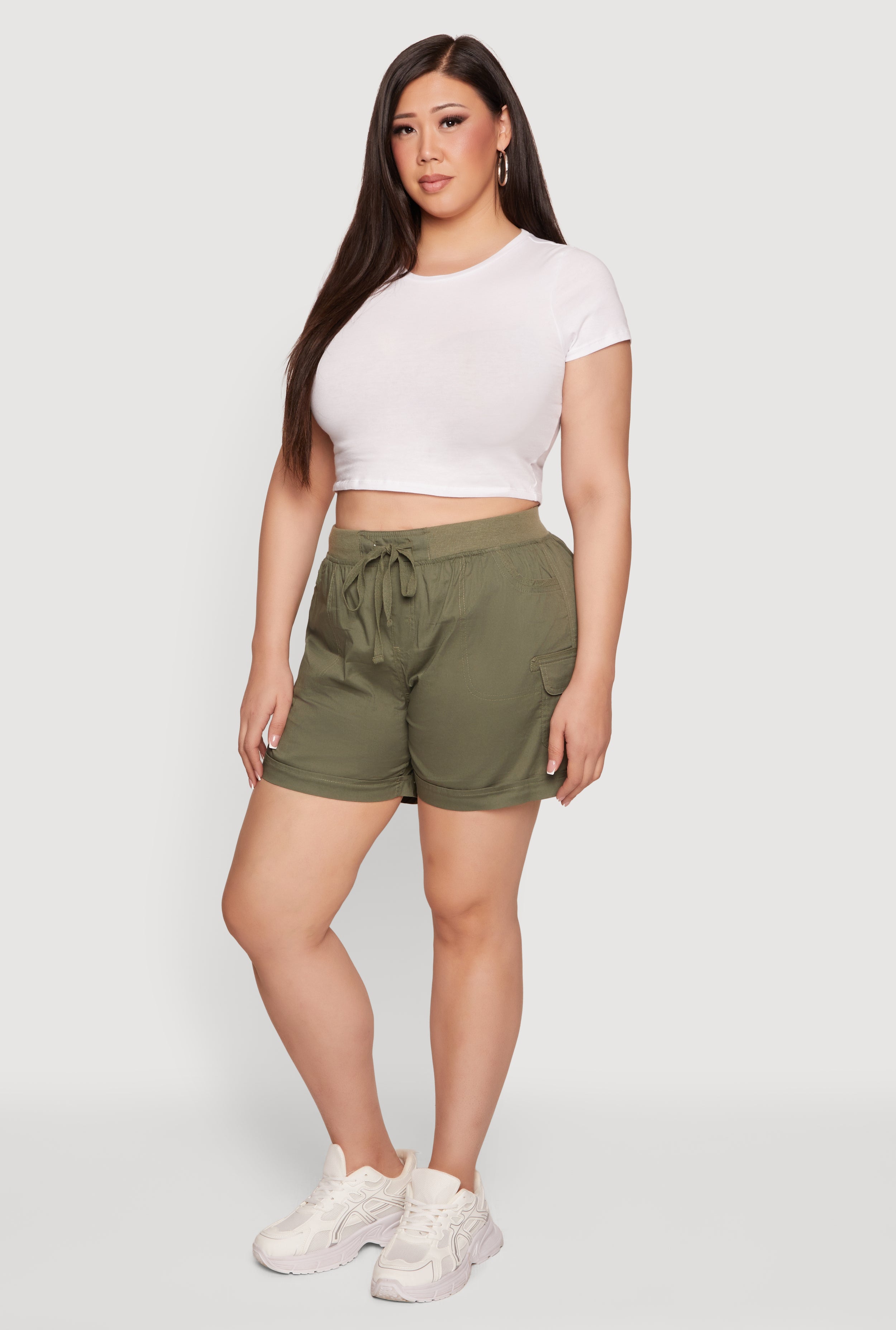 Plus Size Drawstring High Waisted Poplin Cargo Shorts