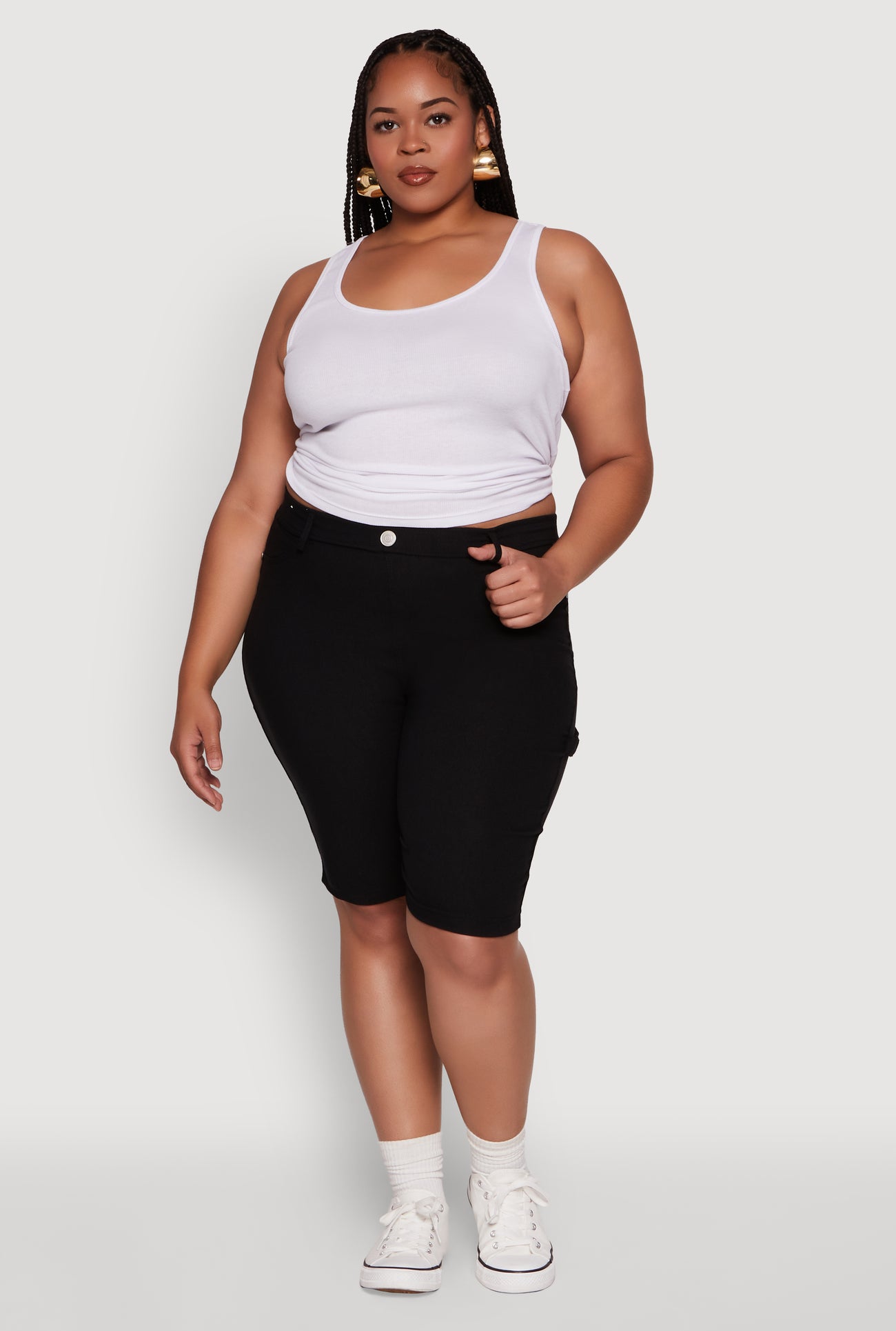 Plus Size Hyperstretch High Waisted Bermuda Shorts with Faux Button