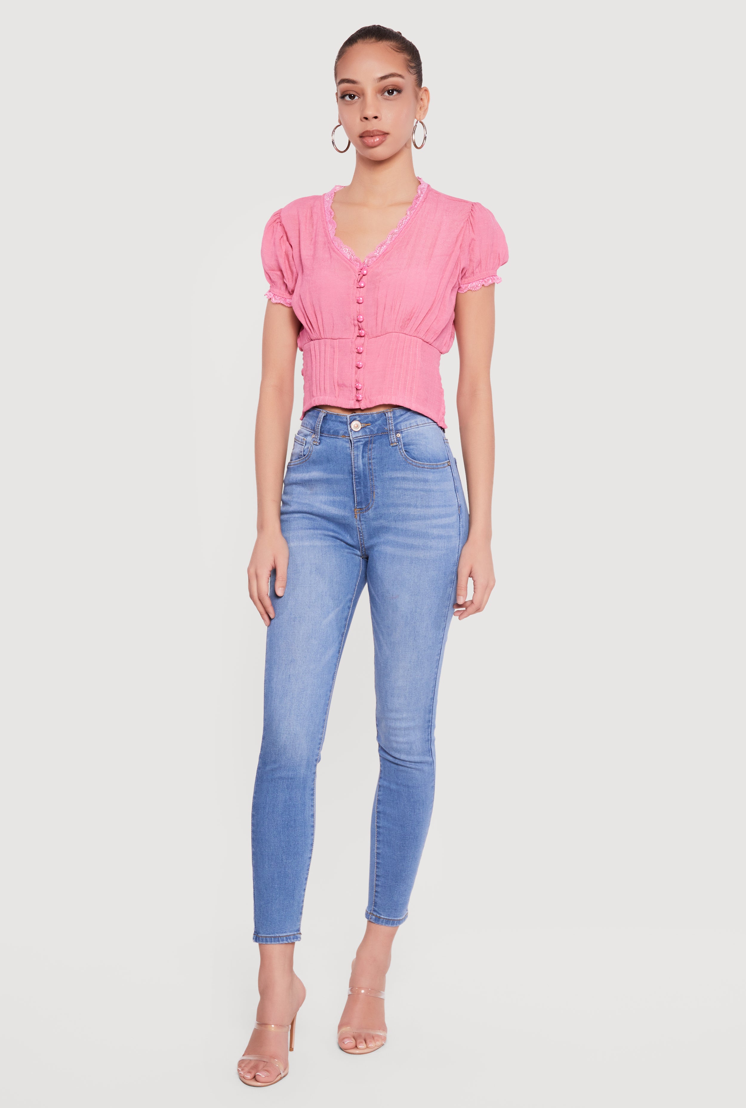 Puff Sleeve Cropped Button Front Blouse