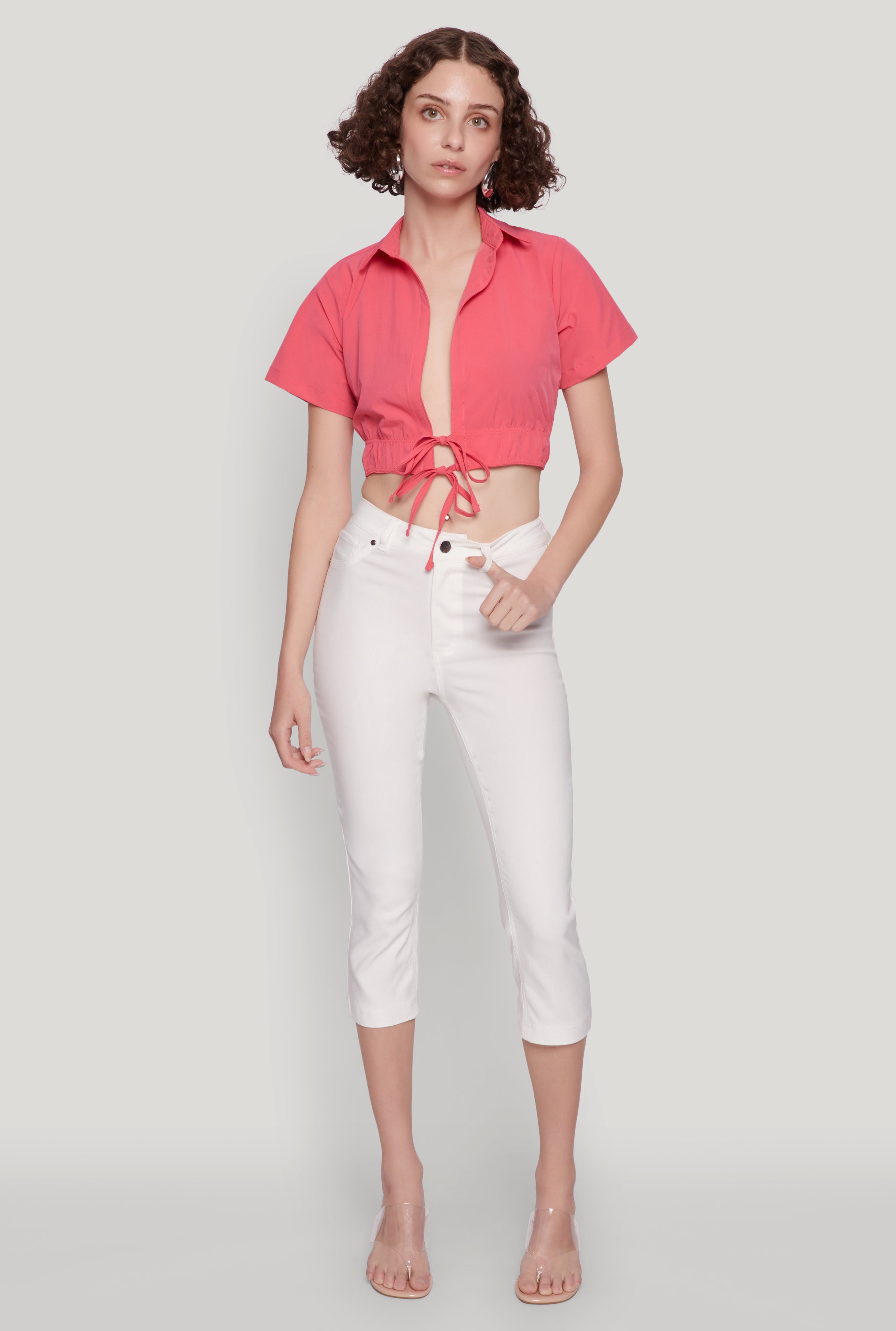 Open Tie Front Cropped Shirt