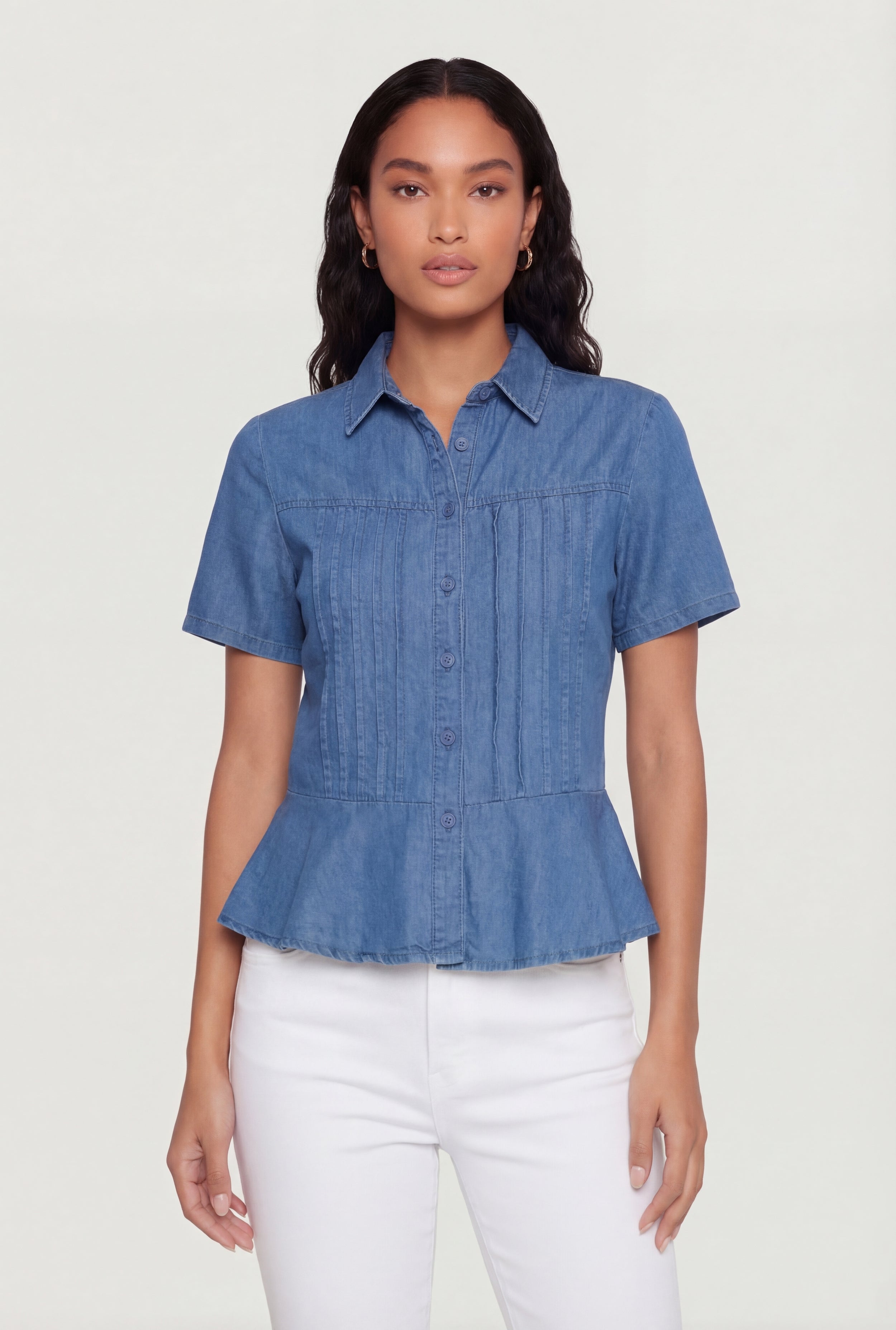 Pintuck Button Front Short Sleeve Peplum Top