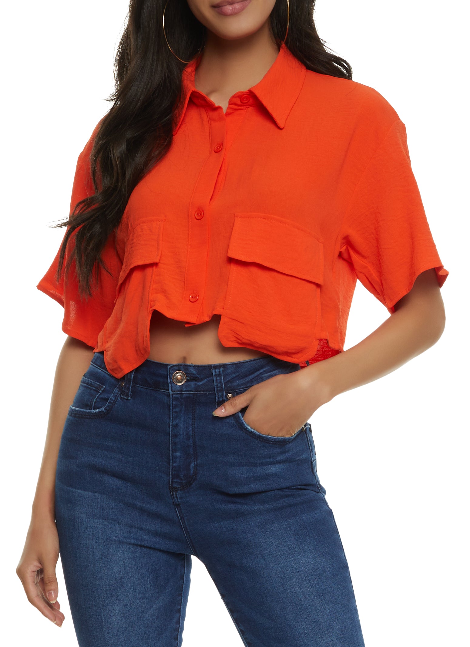 Cropped Flap Pocket Detail Button Front Shirt