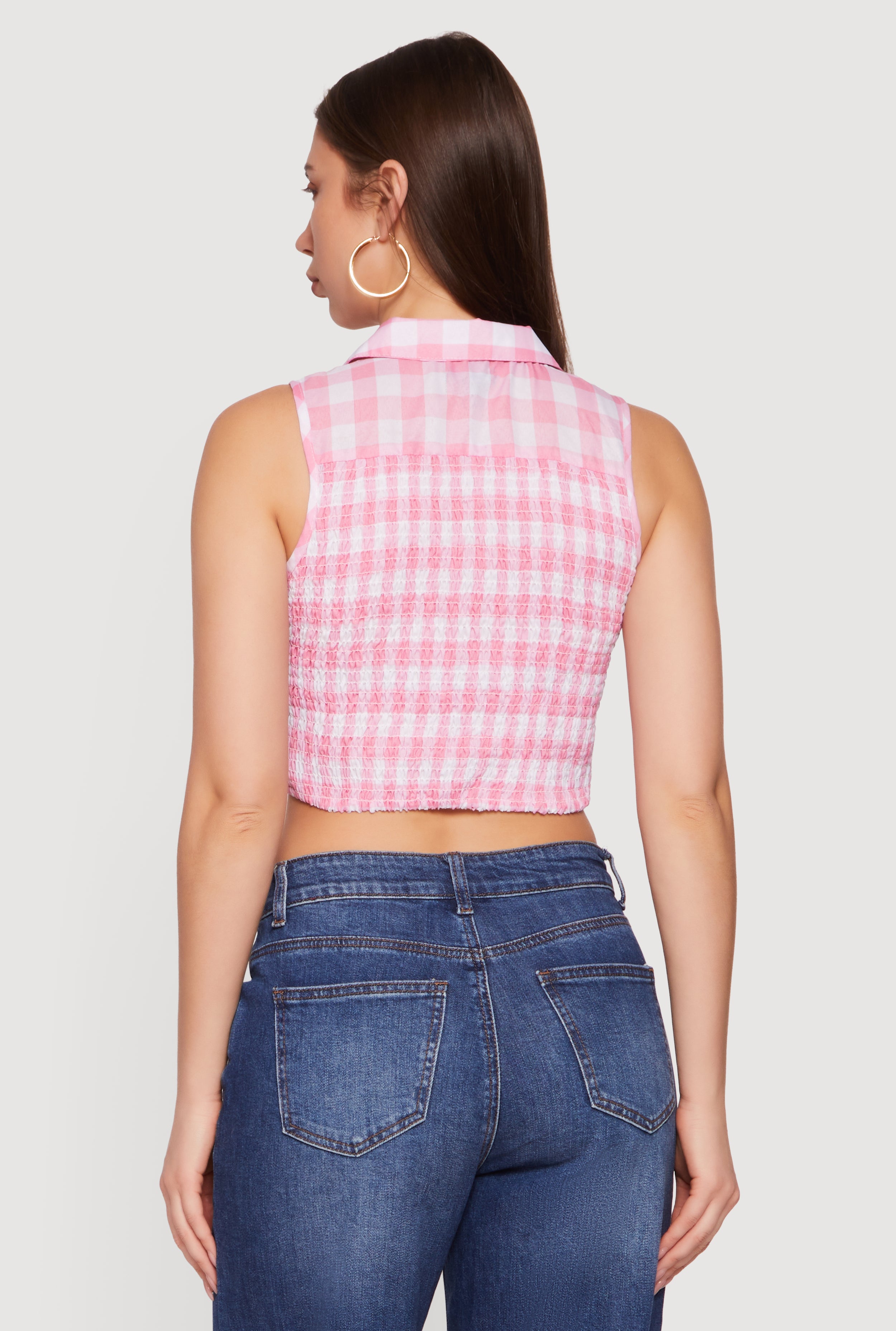 Plaid Lace Front Smocked Back Crop Top
