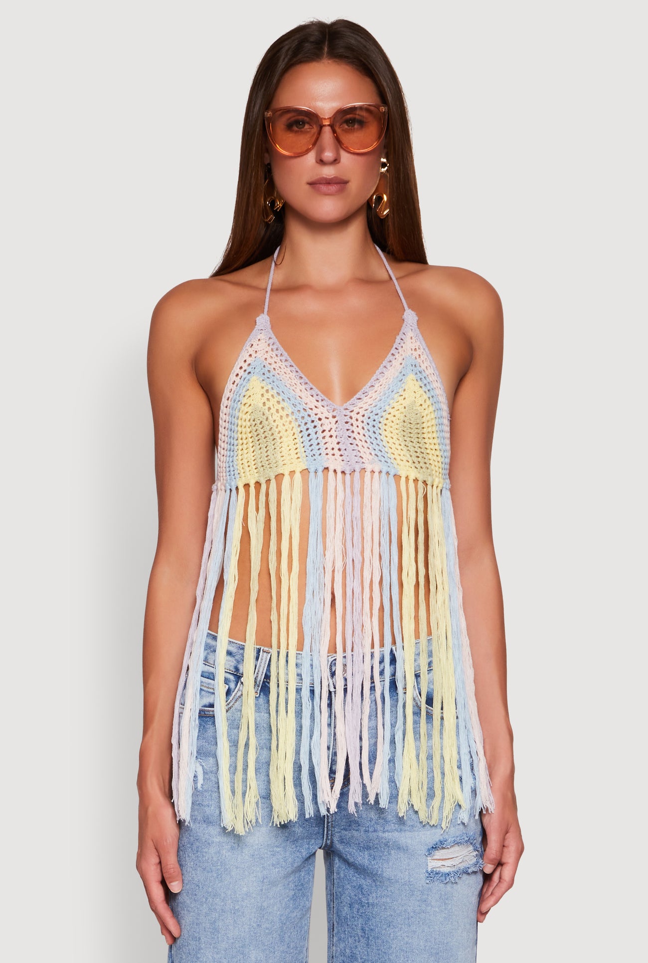 Crochet Striped Fringe Halter Top