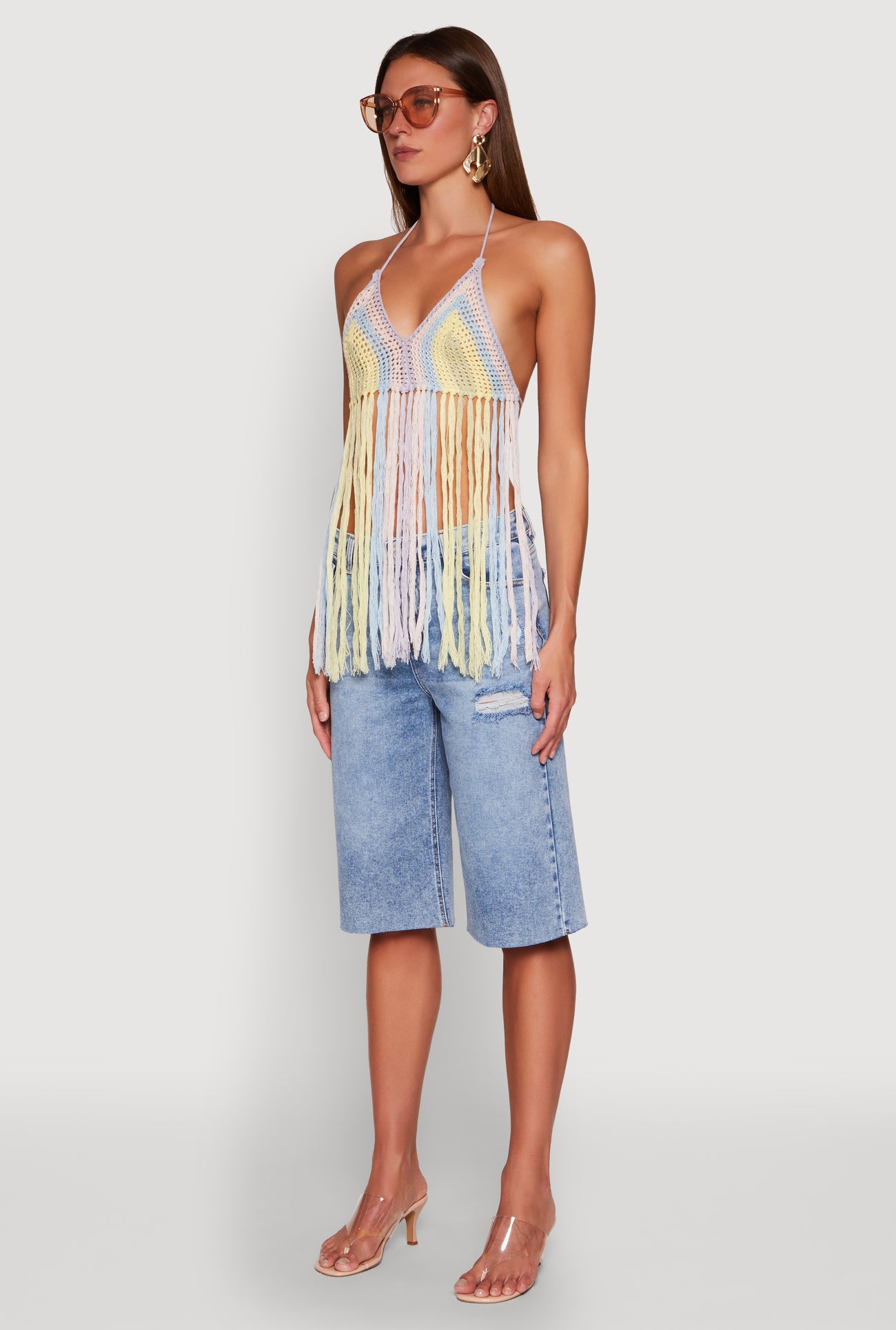 Crochet Striped Fringe Halter Top