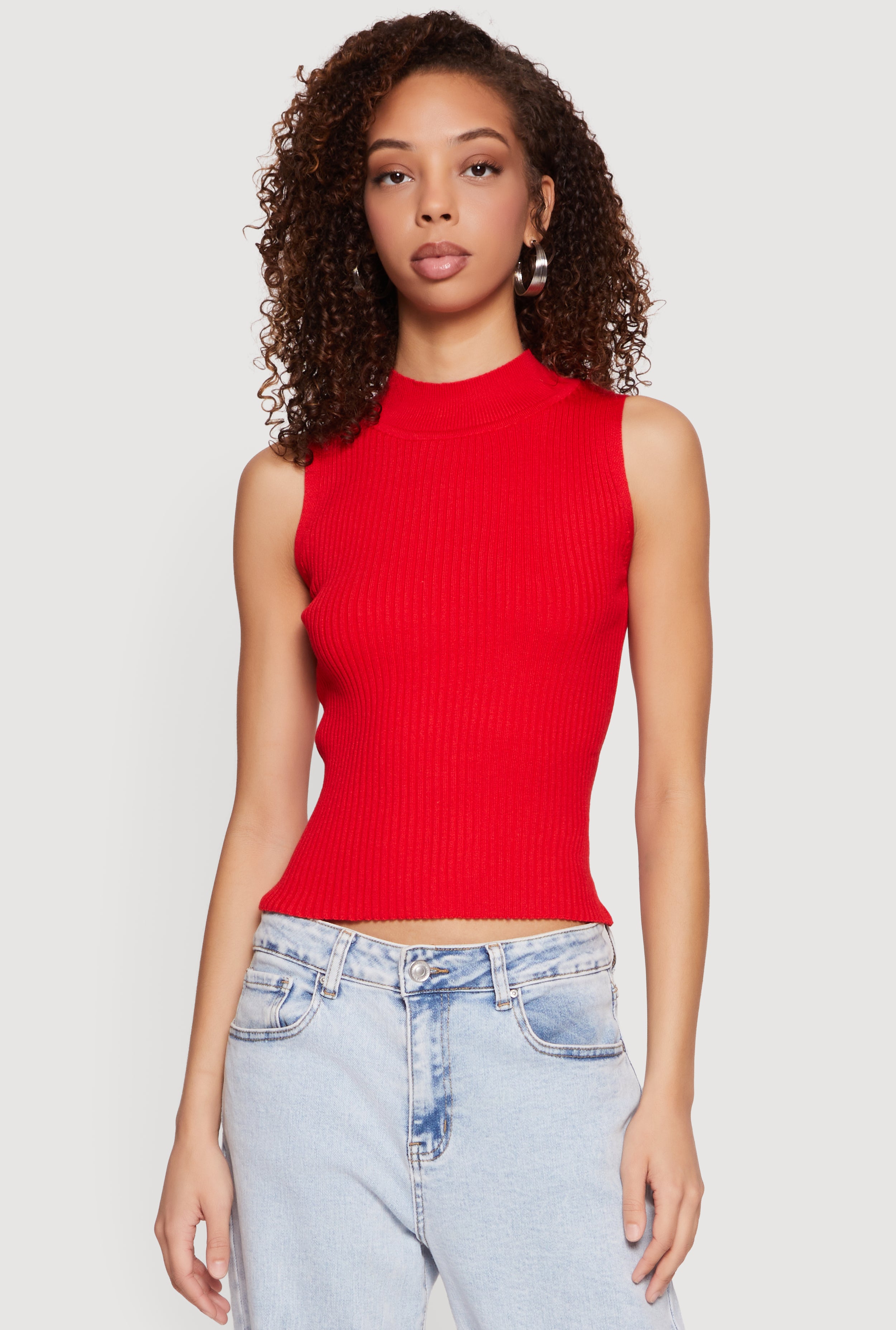 Ribbed Knit Sleeveless Mock Neck Top