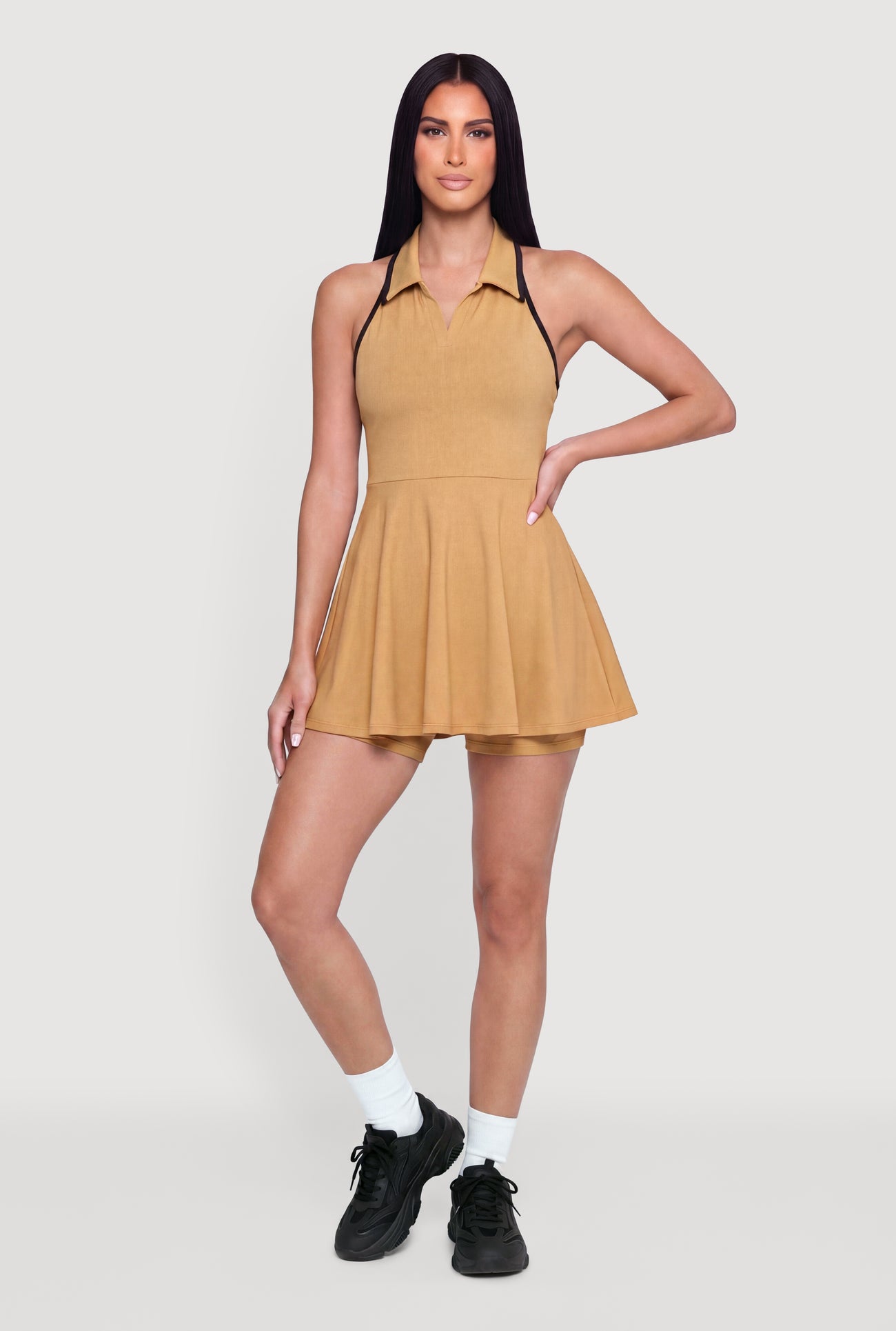 Contrast Trim Halter Tennis Dress with Shorts Lining Contrast Trim Halter Tennis Dress with Shorts Lining