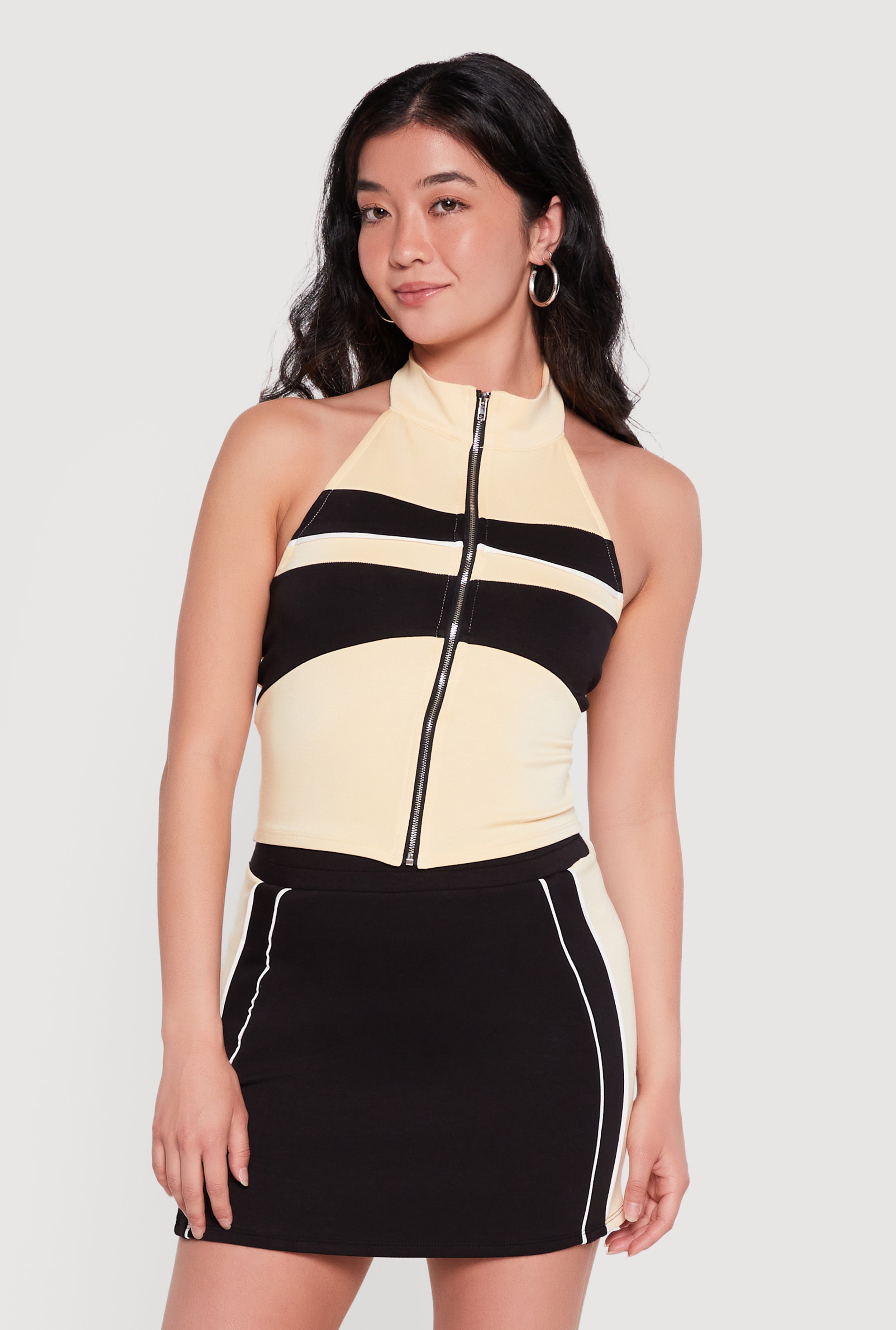 Color Blocked Detail Zip Front Halter Top