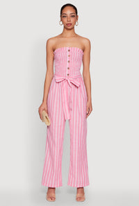 Smocked Tie Waist Belted Pinstripe Jumpsuit