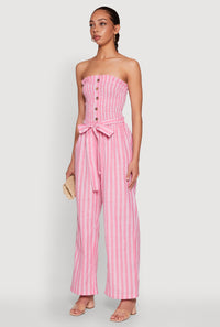 Smocked Tie Waist Belted Pinstripe Jumpsuit