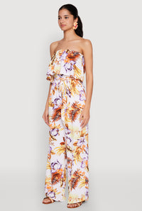 Floral Tie Waist Belted Strapless Overlay Jumpsuit