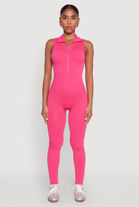 Ribbed Knit Collared Zip Front Jumpsuit