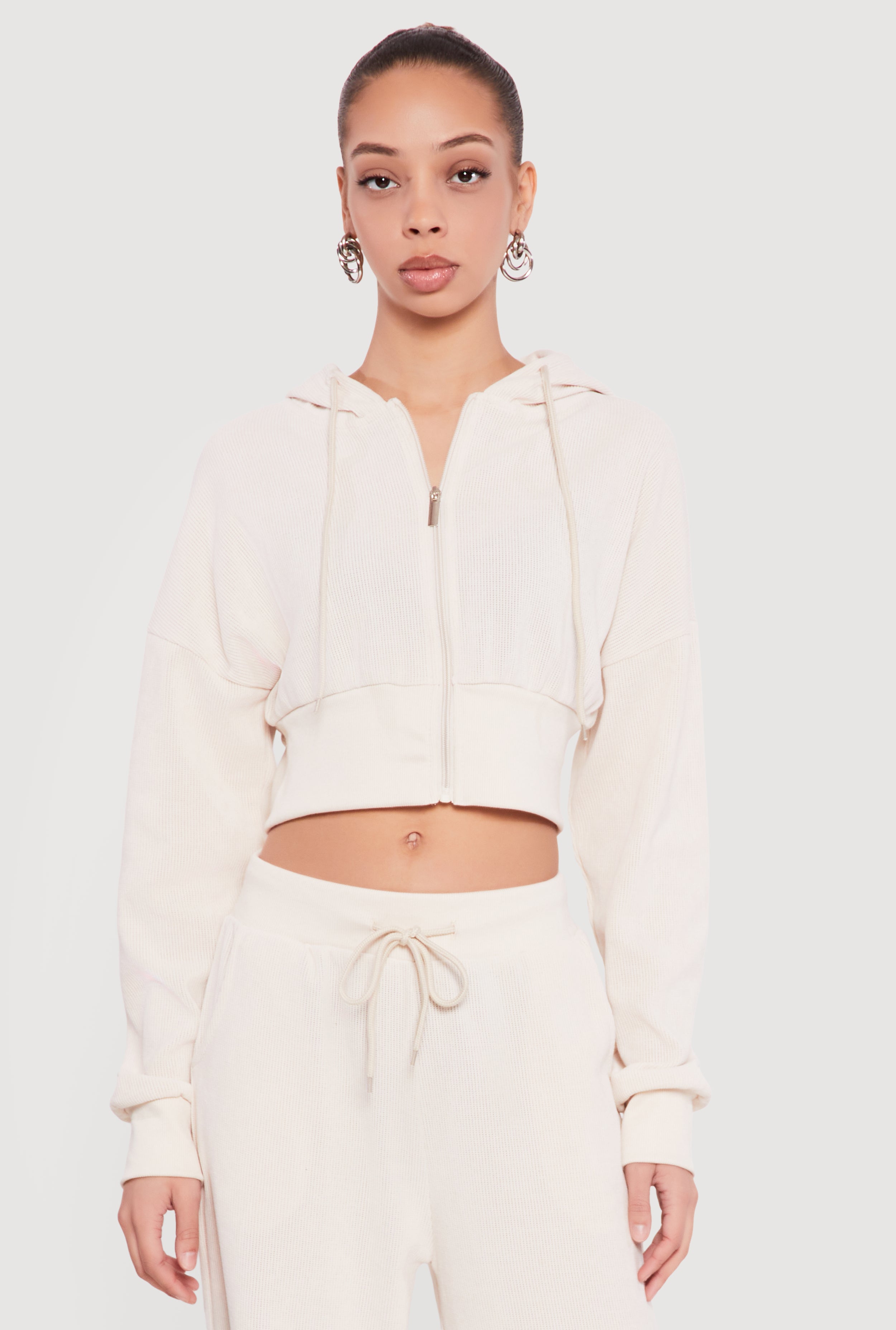 Rib Knit Cropped Zip Front Hoodie