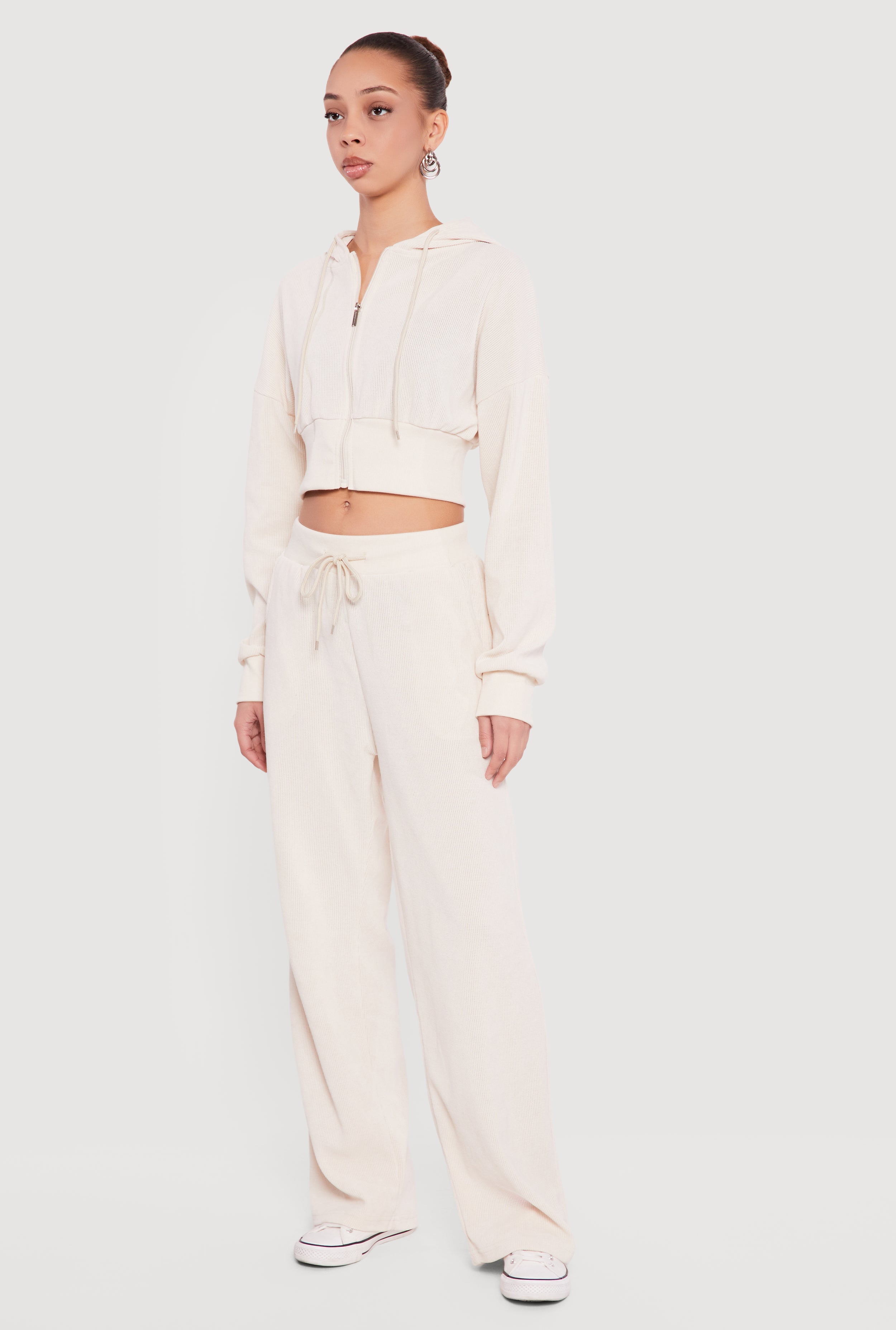 Rib Knit Cropped Zip Front Hoodie