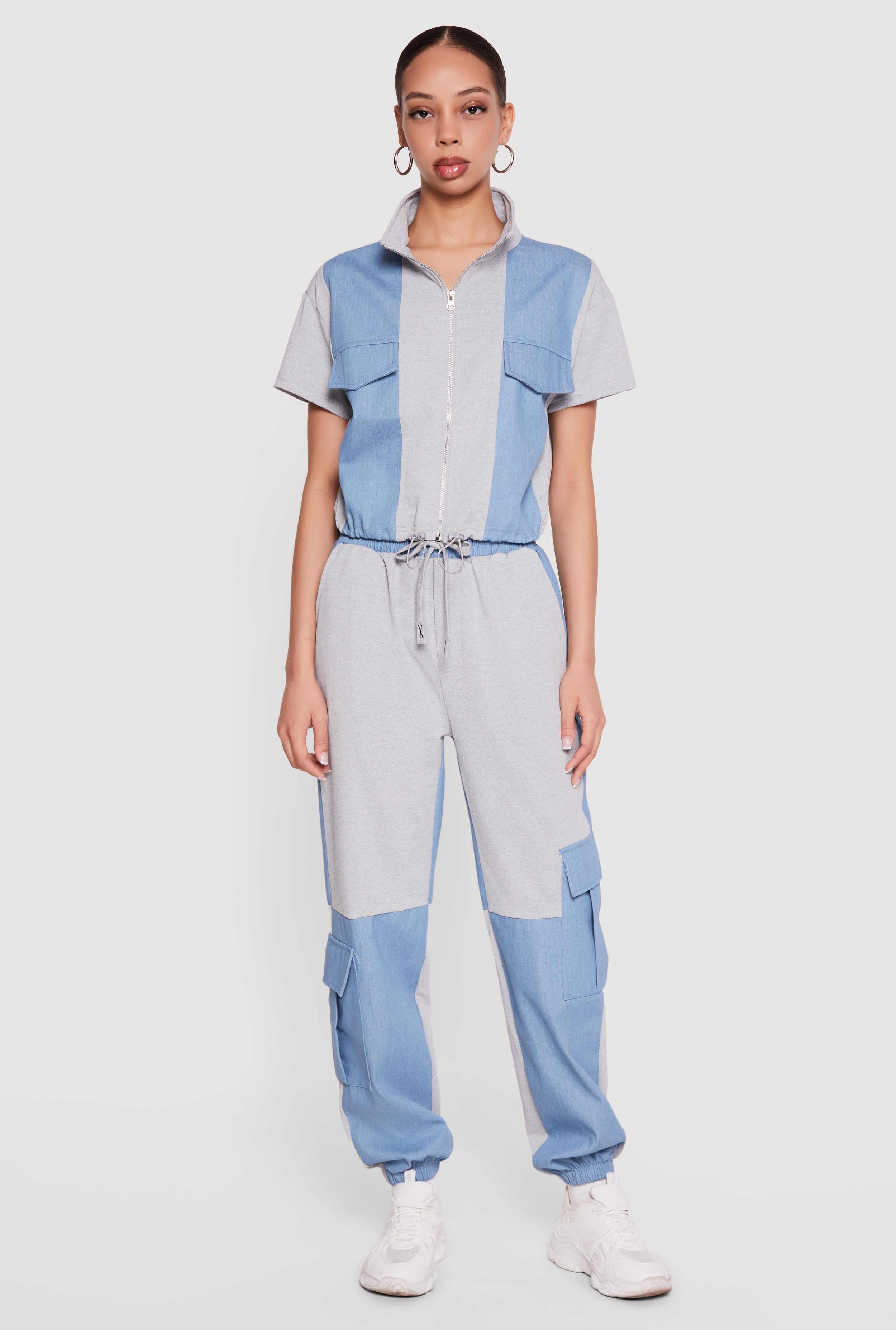 Denim Detail Mock Neck Zip Front Top