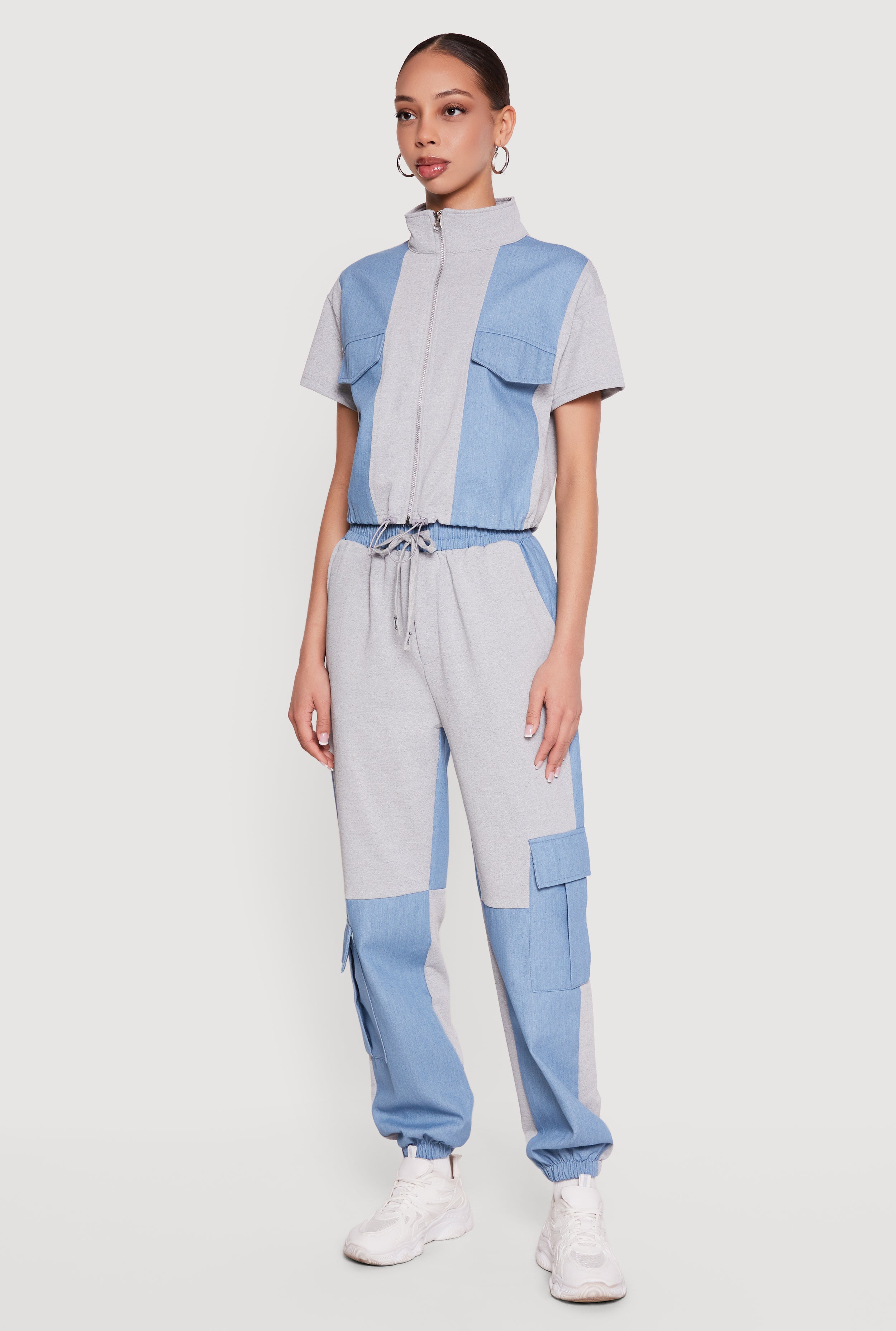 Denim Detail Mock Neck Zip Front Top