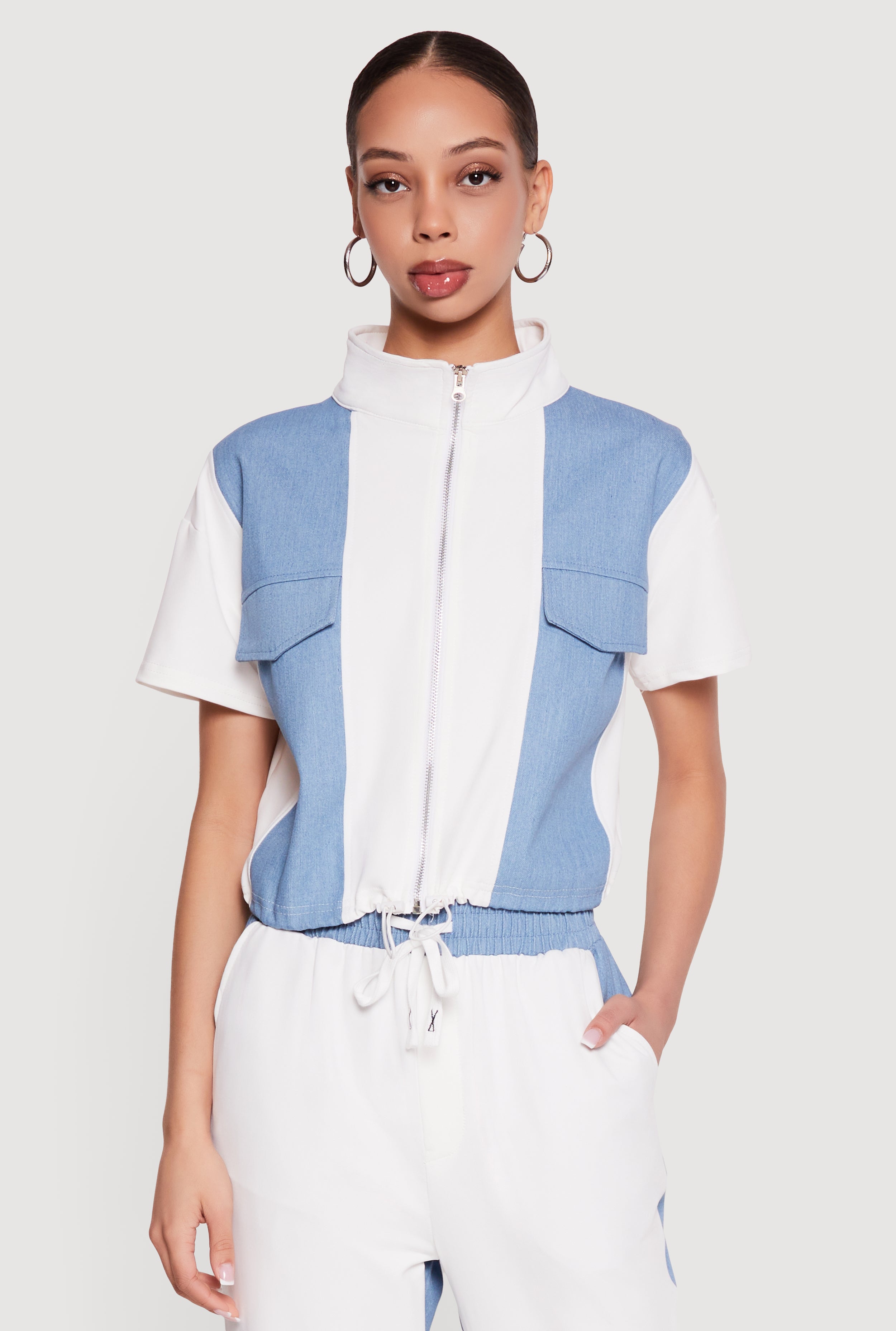 Denim Detail Mock Neck Zip Front Top