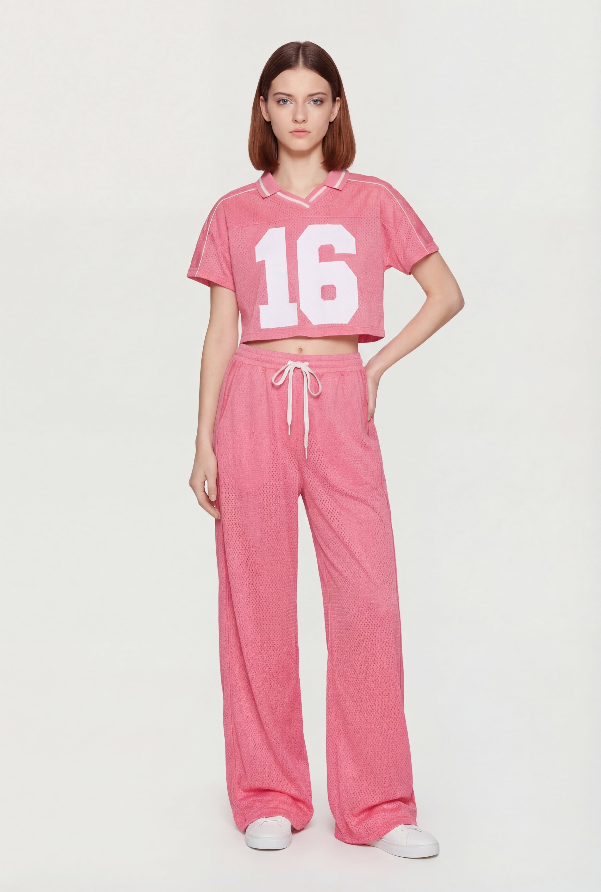 Jersey Mesh Drawstring Waist Wide Leg Pants