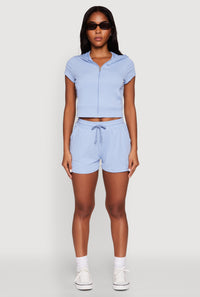 Ribbed Knit Short Sleeve Zip Front Hoodie