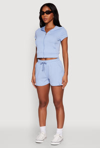 Ribbed Knit Short Sleeve Zip Front Hoodie