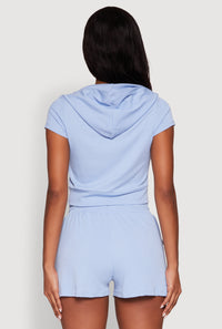 Ribbed Knit Short Sleeve Zip Front Hoodie