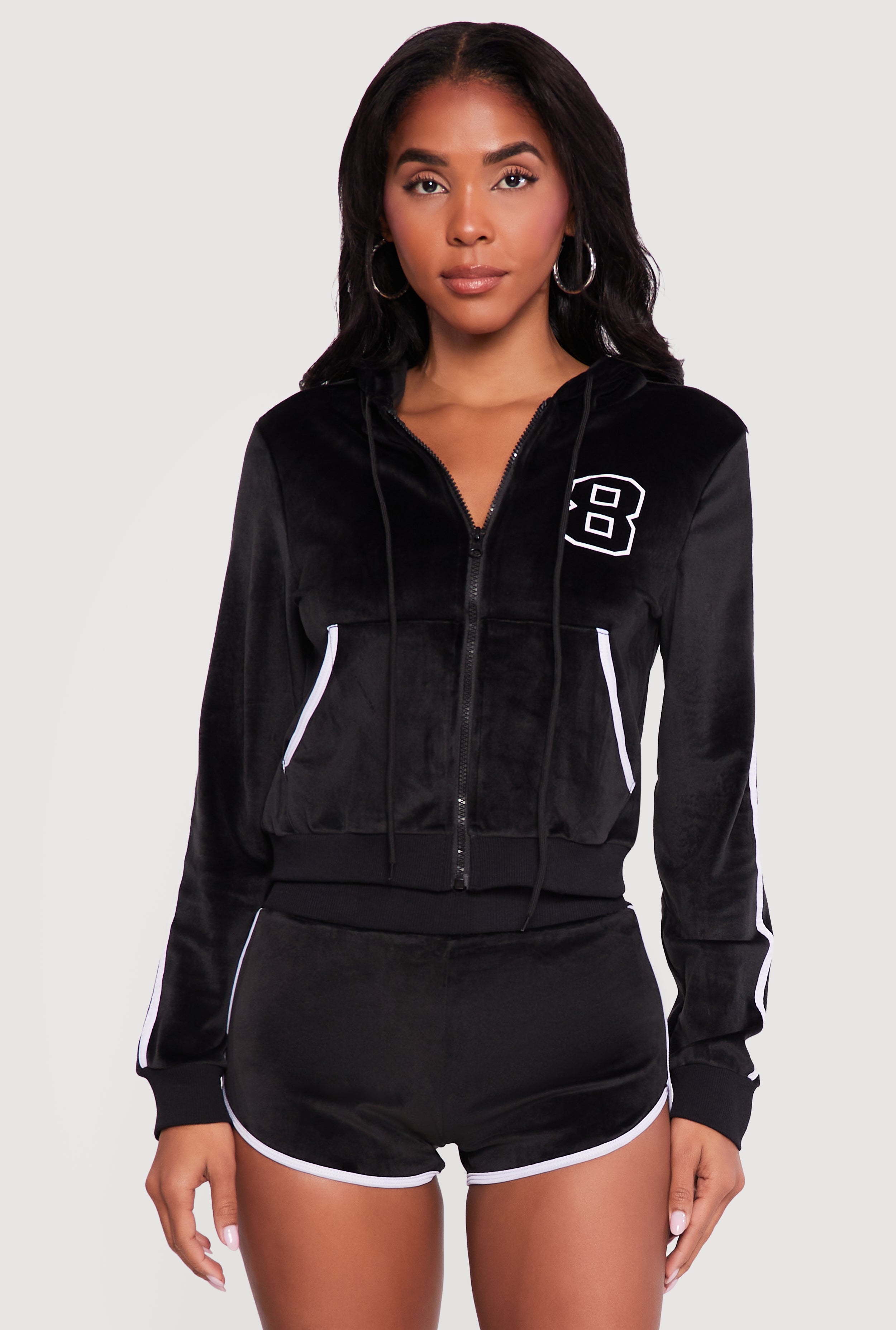 8 Graphic Zip Front Velour Hoodie