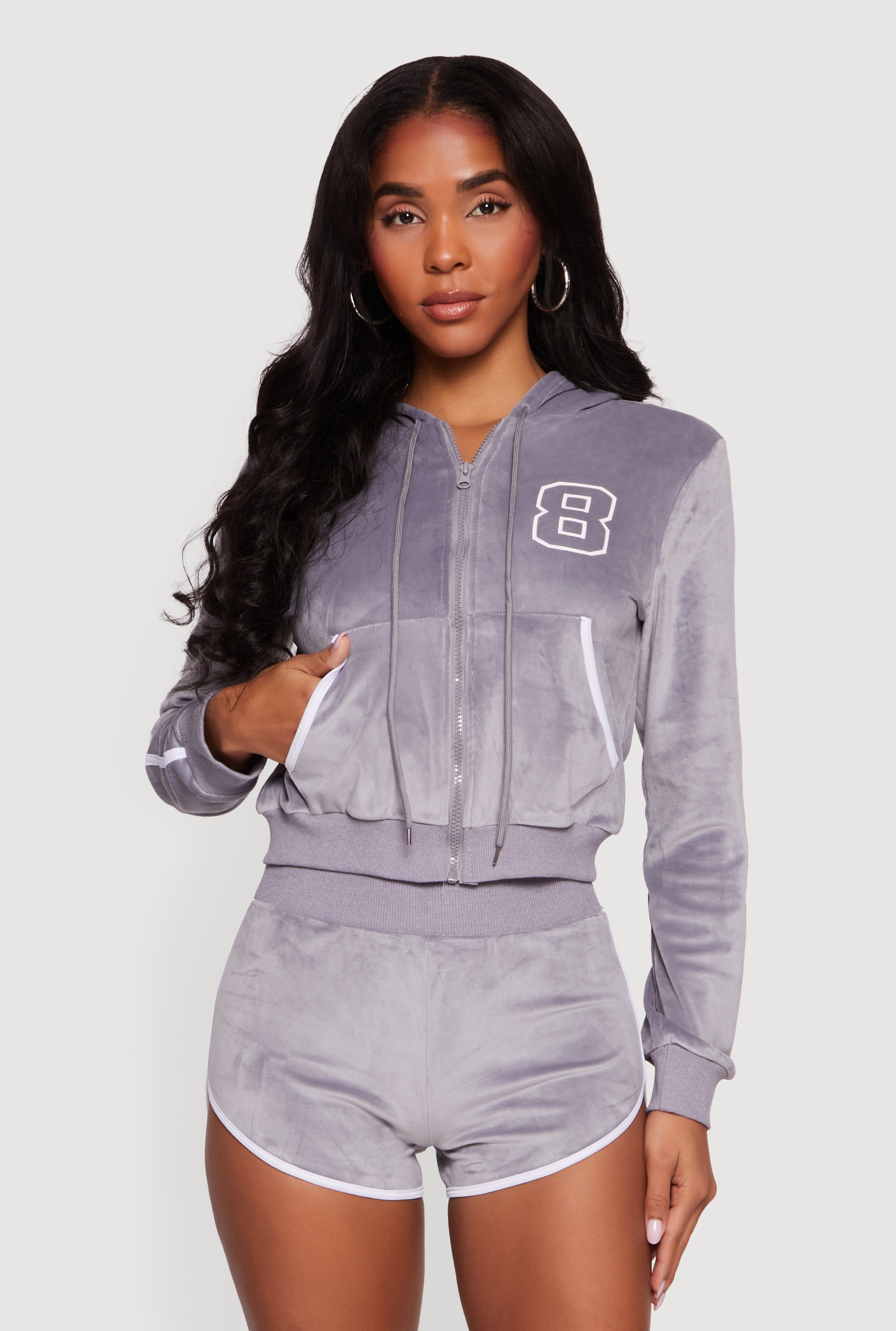 8 Graphic Zip Front Velour Hoodie