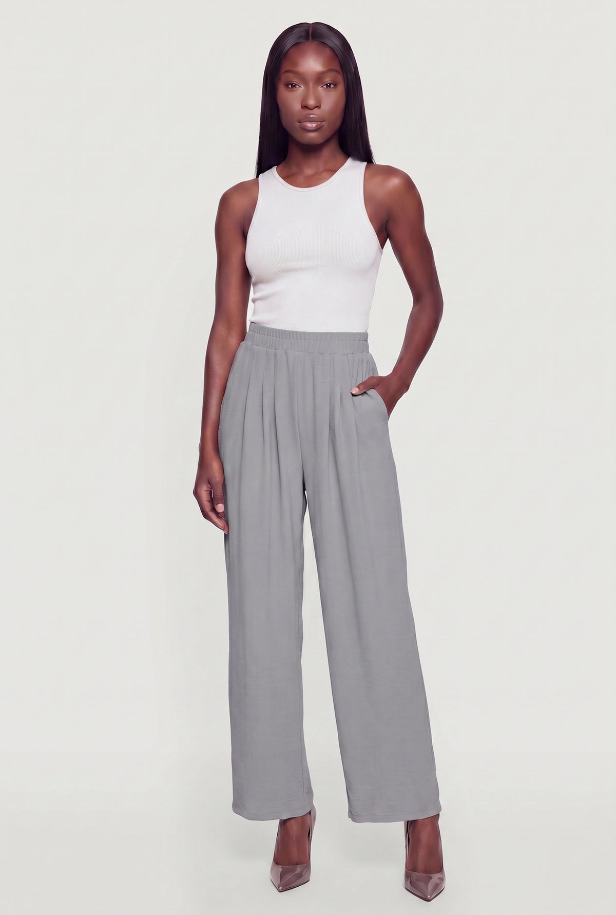 women's pull on dress pants Womens Wide Leg Pleated Pants, Heather, Size S and a wide waistband Size:X-LARGE / 38 PANTS Red Dress And Denim Spaghetti Strap Wedding Dresses