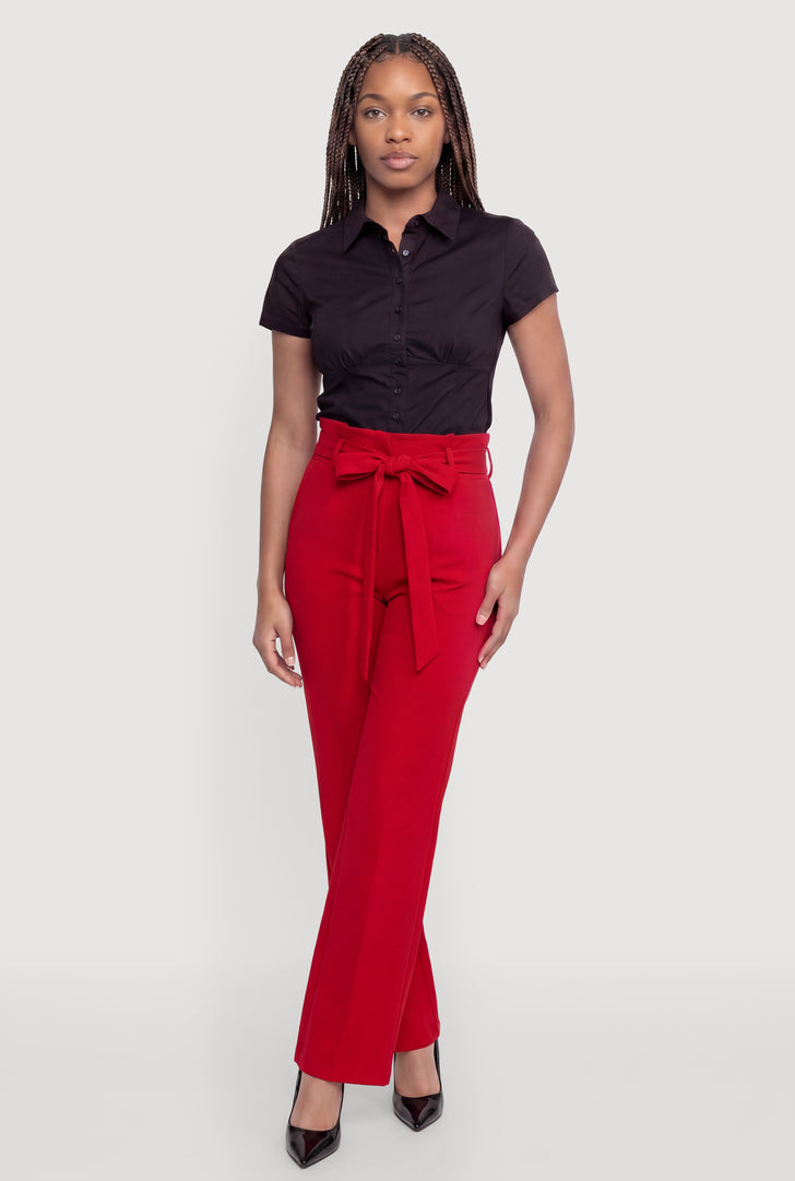 ladies red dress slacks Shimmer Wide Leg Pants - Women's Bottoms way stretch crepe fabric that moves and flexes with you all day long High Waisted Red Trousers Ladies