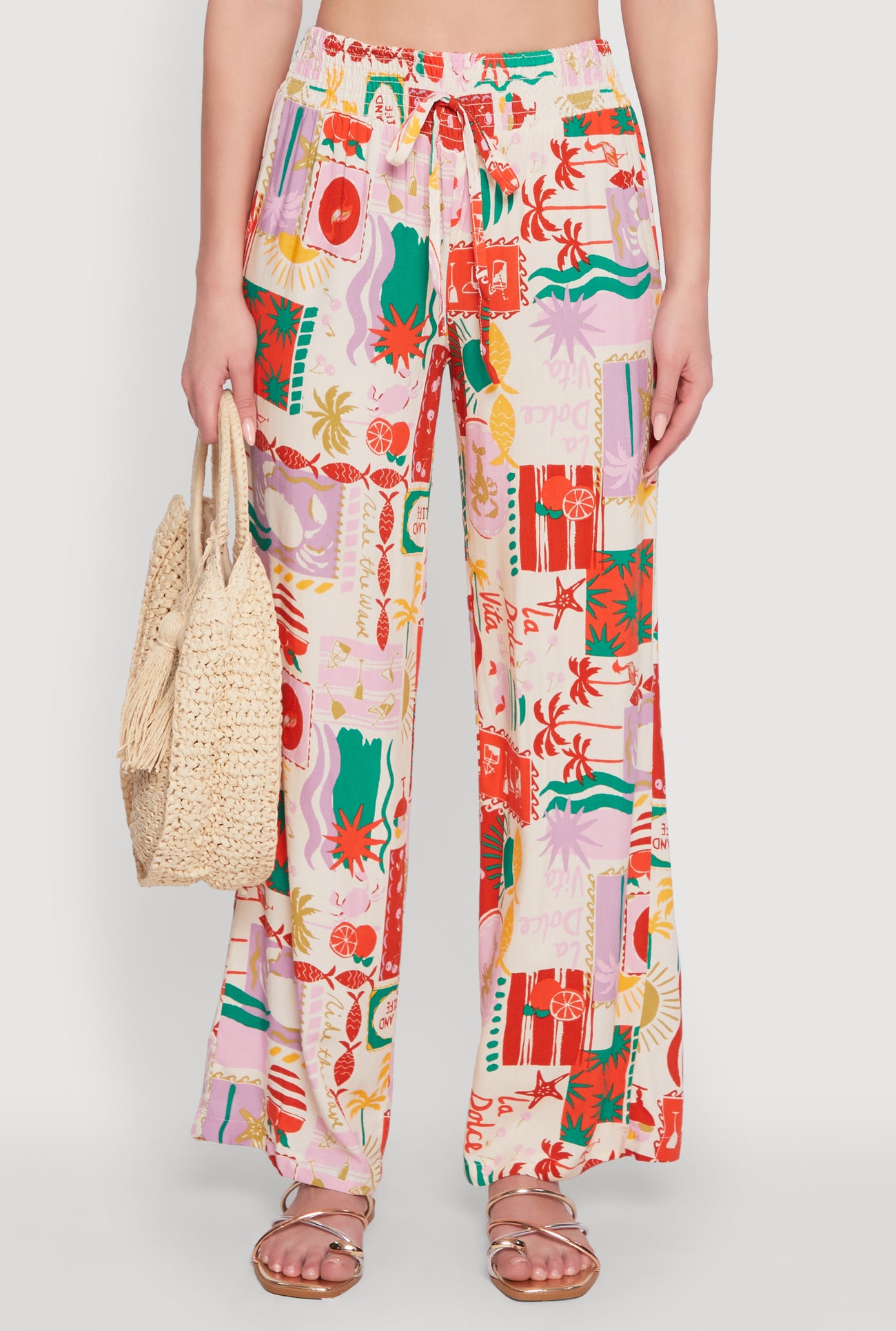 Patterned Faux Drawstring Smocked Waist Palazzo Pants