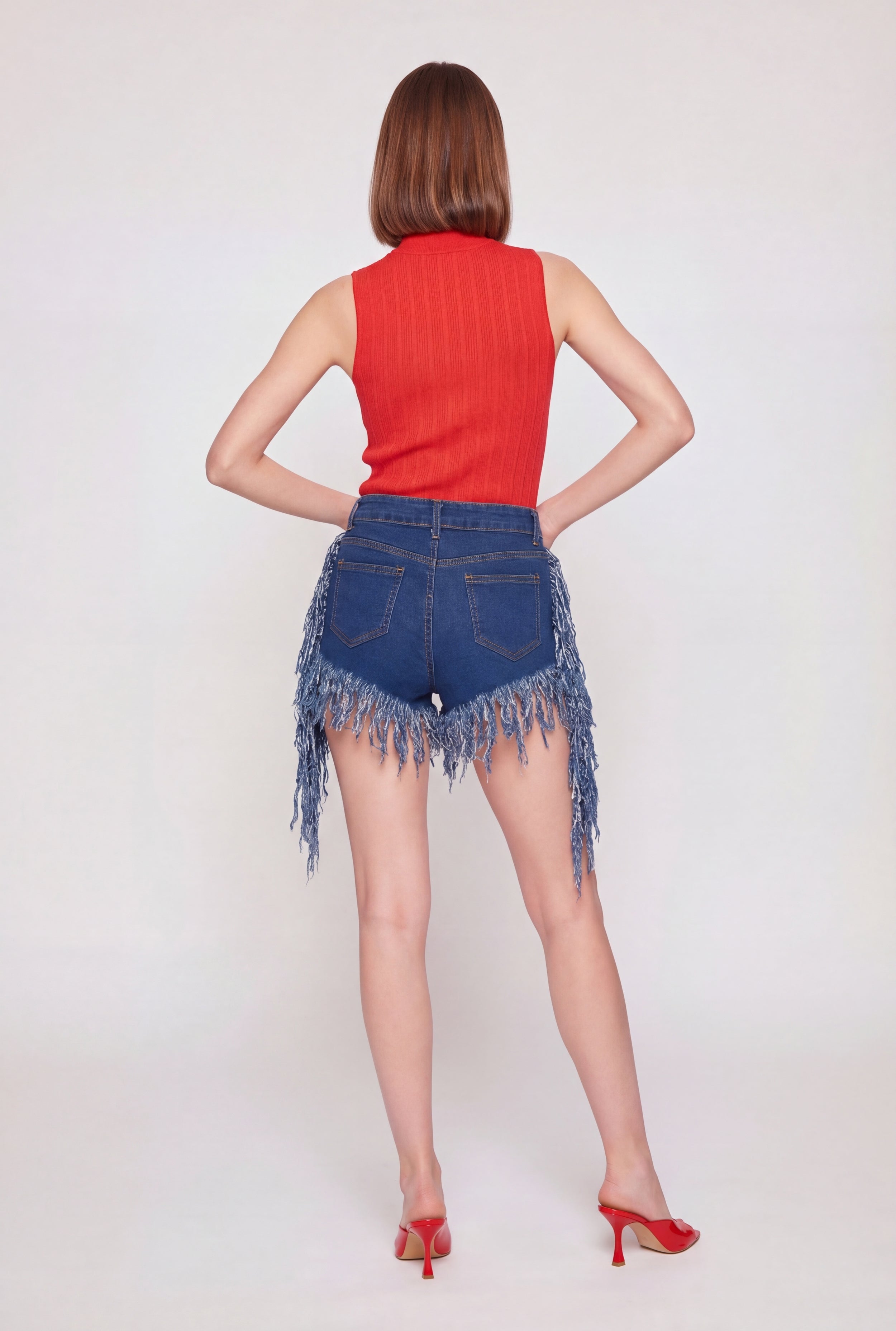 Fringe Hem and Side Denim Shorts