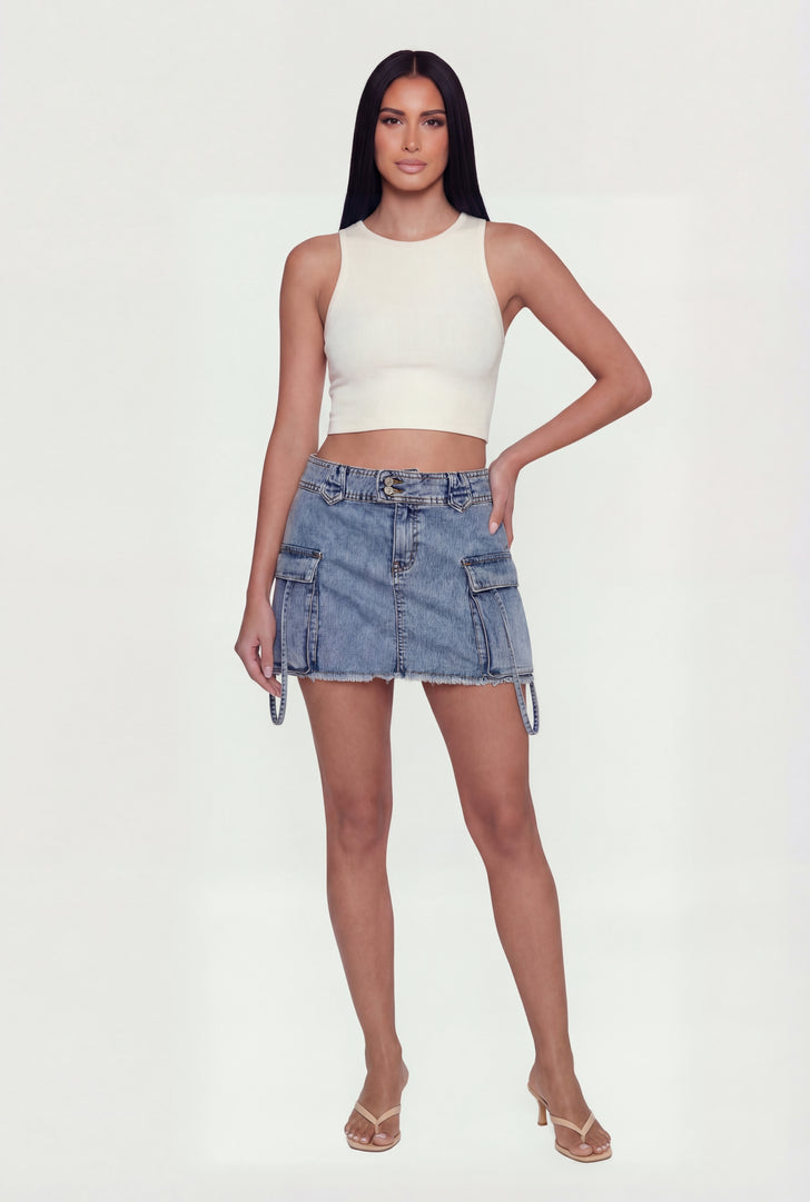 Almost Famous Denim Frayed Hem Cargo Skirt