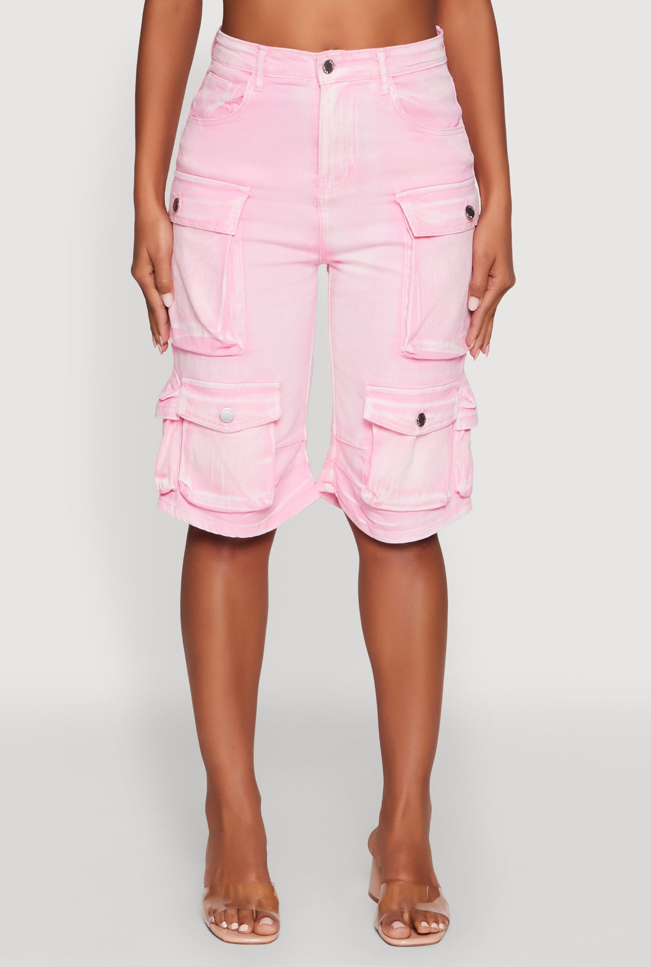 Daisy Trendy Mineral Wash High Waisted Denim Cargo Shorts