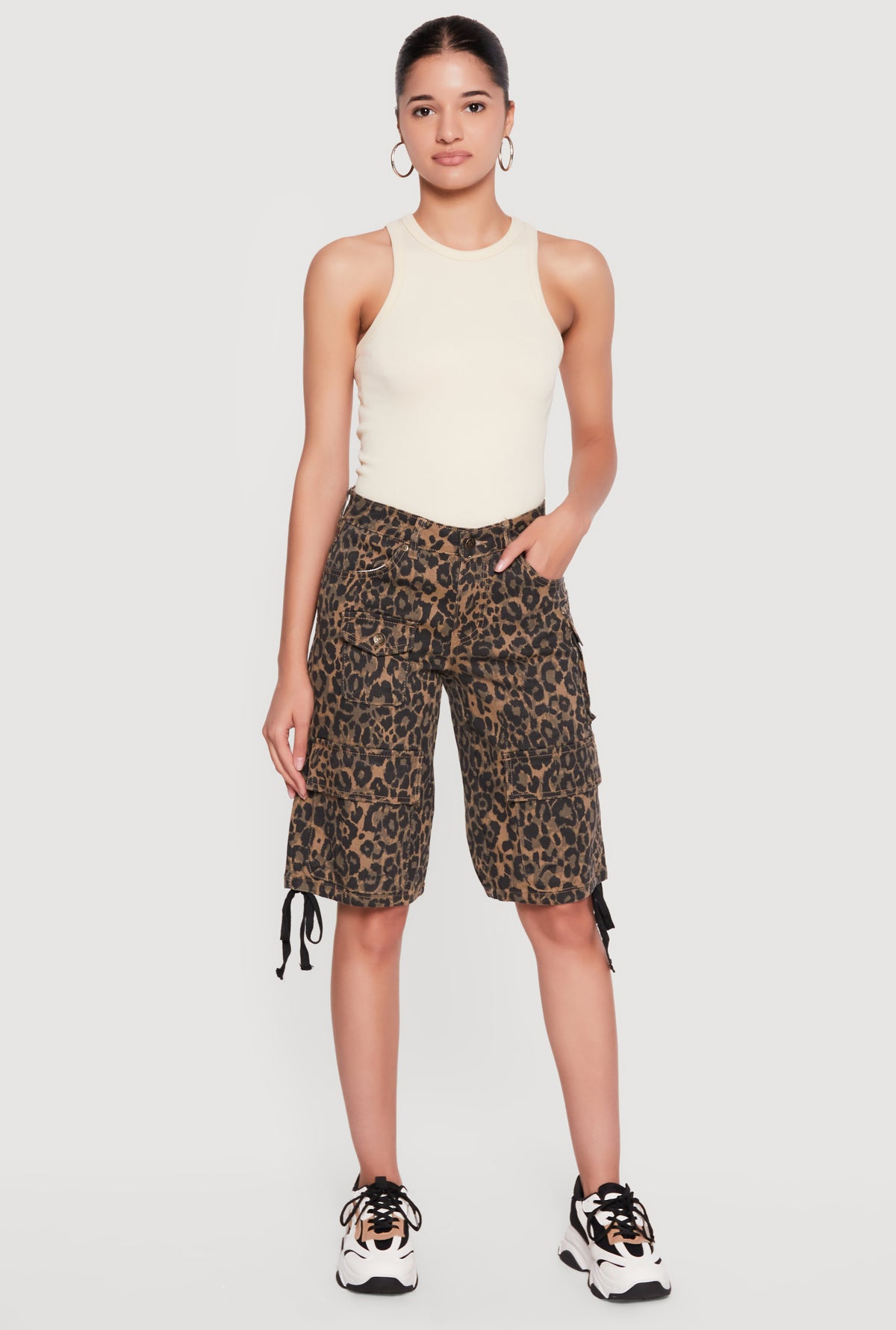 Leopard Print Drawstring Hem Cargo Bermuda Shorts