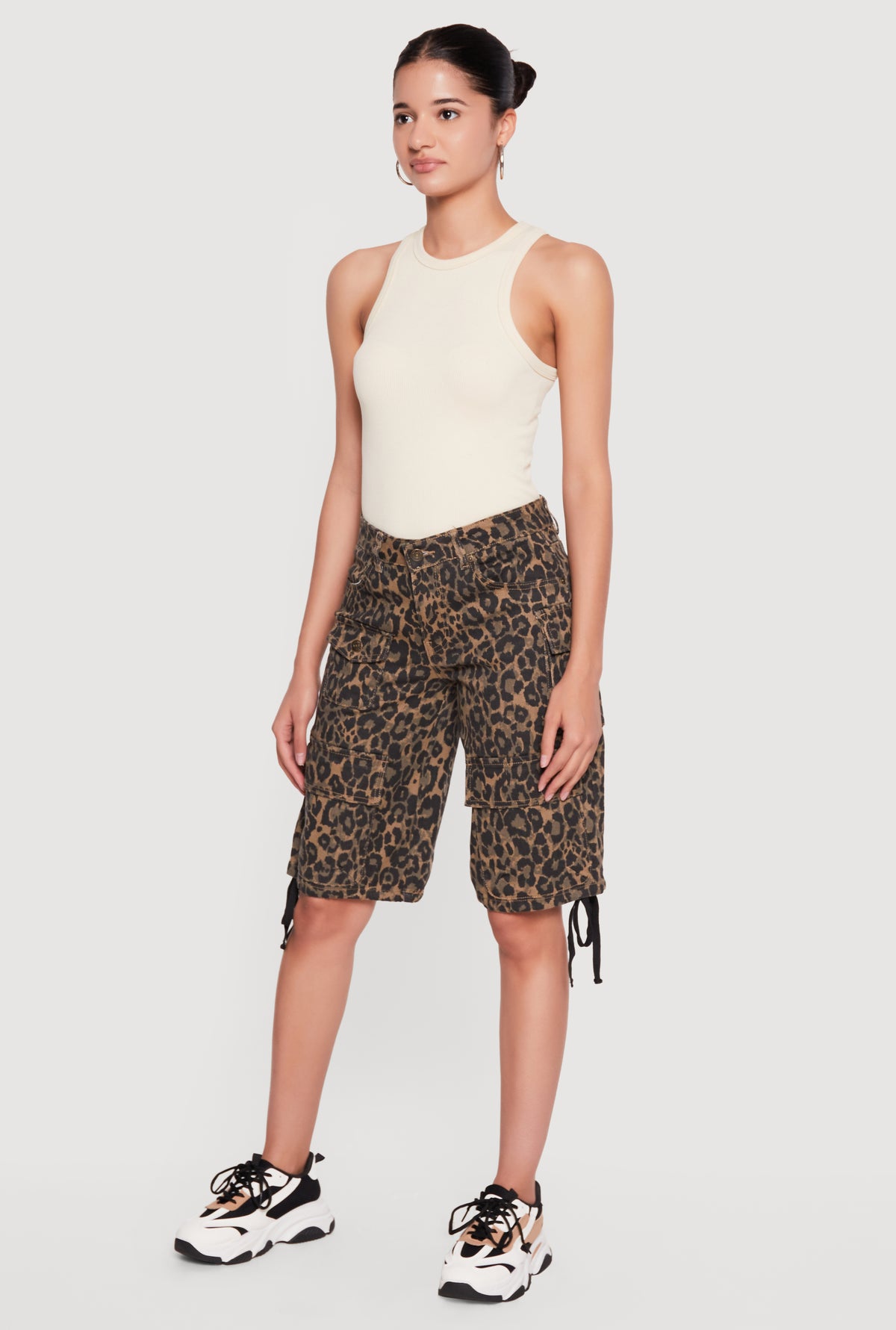 Leopard Print Drawstring Hem Cargo Bermuda Shorts