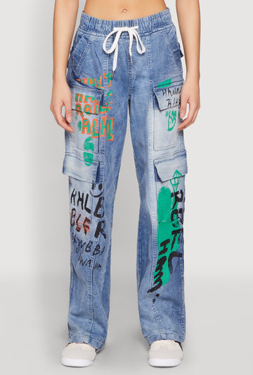 Spoon Jeans Graffiti Print Denim Cargo Pants
