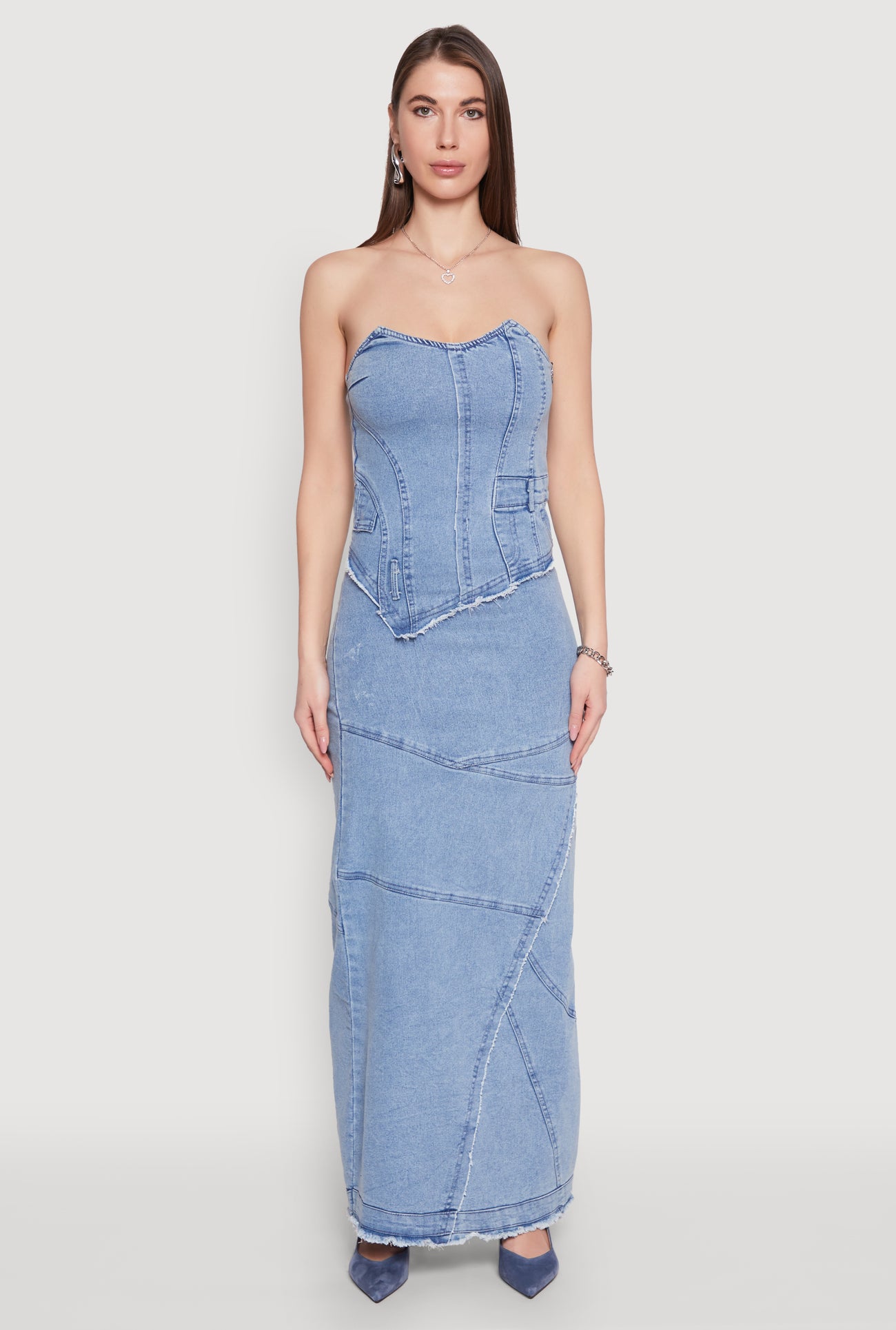 Lace Up Back Strapless Denim Maxi Dress Lace Up Back Strapless Denim Maxi Dress
