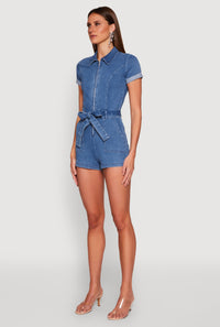 Haute Monde Zip Front Tie Waist Belted Denim Romper