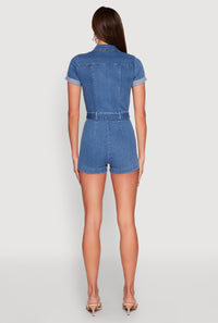 Haute Monde Zip Front Tie Waist Belted Denim Romper