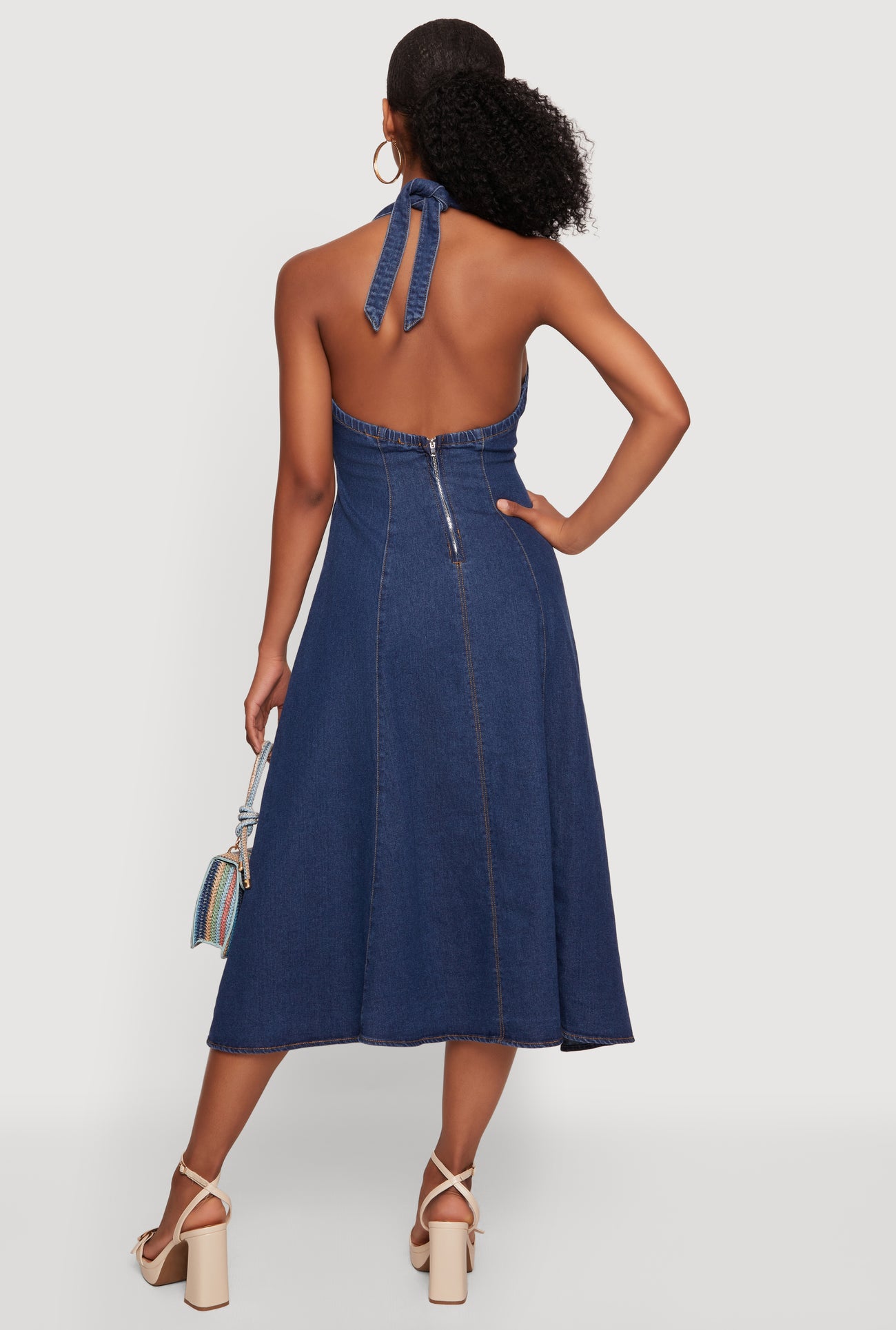 Denim Tie Back Midi Halter Dress