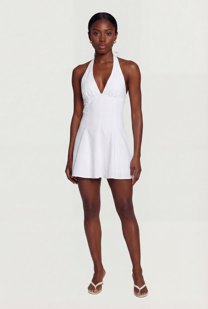 Denim Plunge Halter Mini Dress