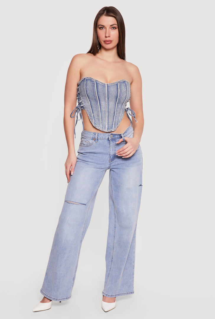 Denim Lace Up Sides Rhinestone Corset Crop Top